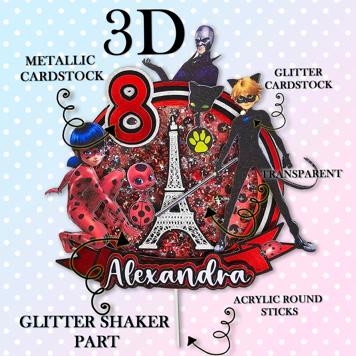 Adornos para tartas personalizados con dibujos animados de purpurina 3D para cumpleaños infantiles