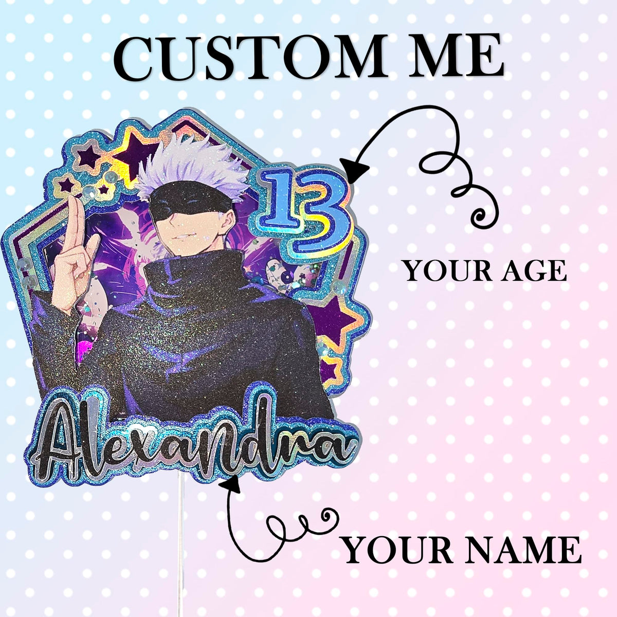 Adornos para tartas personalizados con dibujos animados de purpurina 3D para cumpleaños infantiles