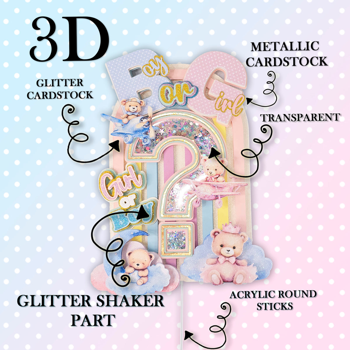 Personalized 3D Glitter Cartoon Cake Topper gender reveal