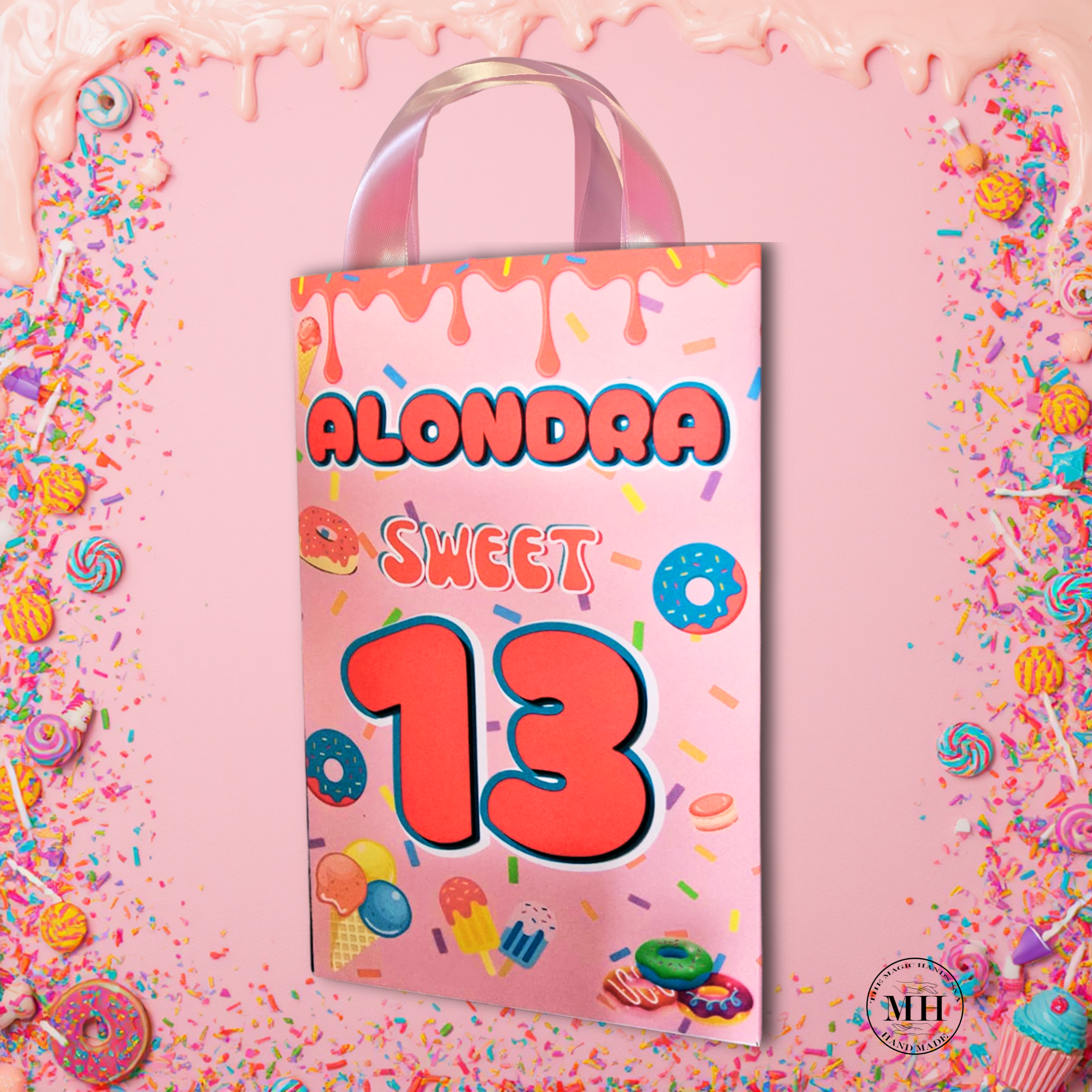 12 Personalized Candy & Donut Birthday Gift Bags with Name & Age – 8.5"x5.5" Ribbon Handles