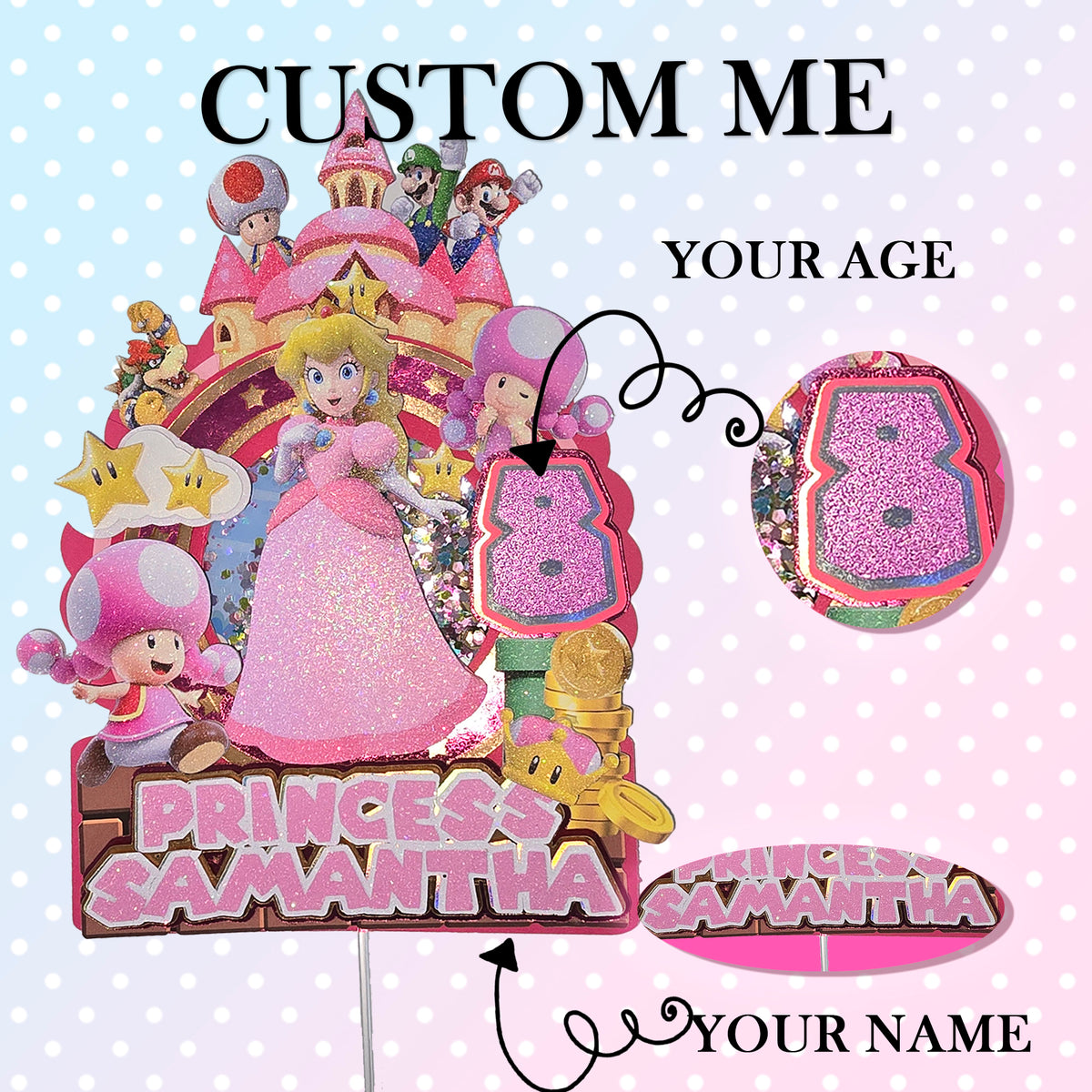 Adorno para tarta de dibujos animados con purpurina 3D personalizado de PRINCESS PEACH