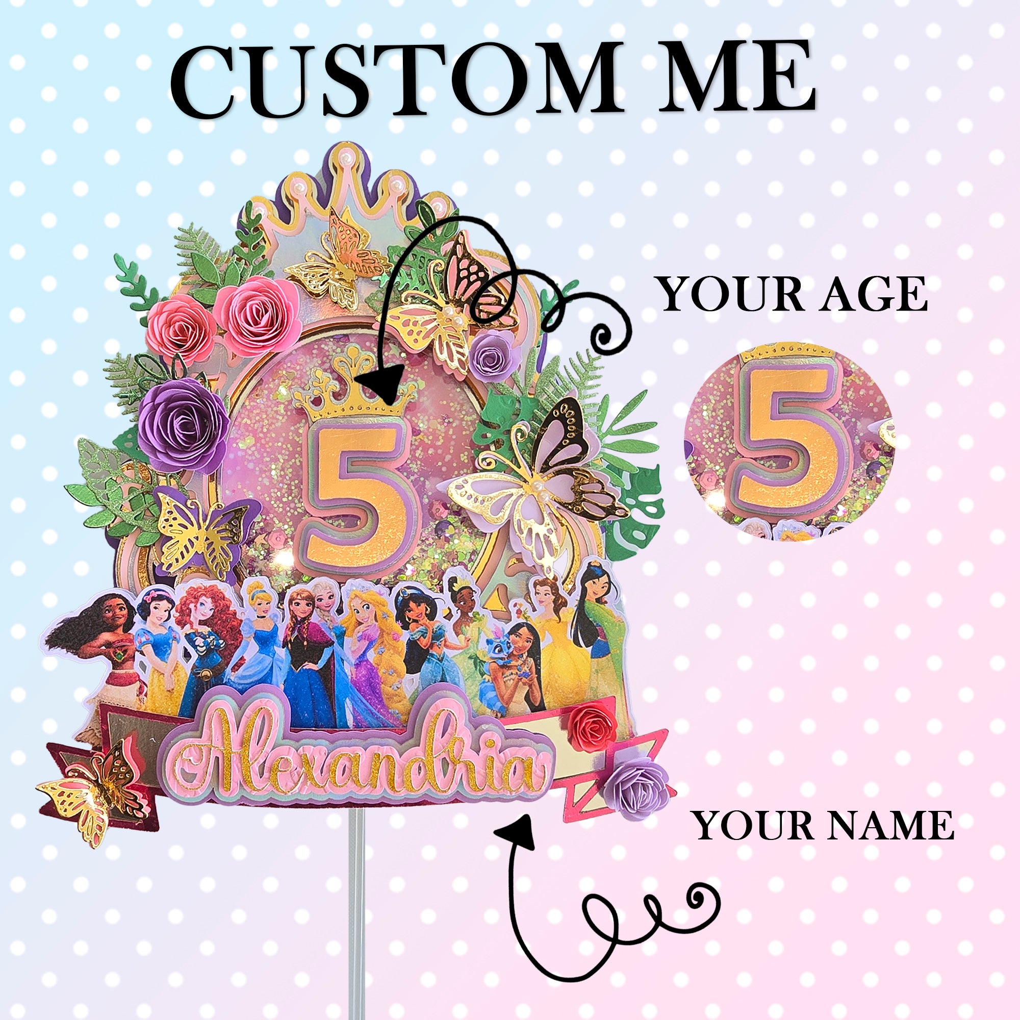 Personalized 3D Glitter Cartoon Cake Topper PRINCCES