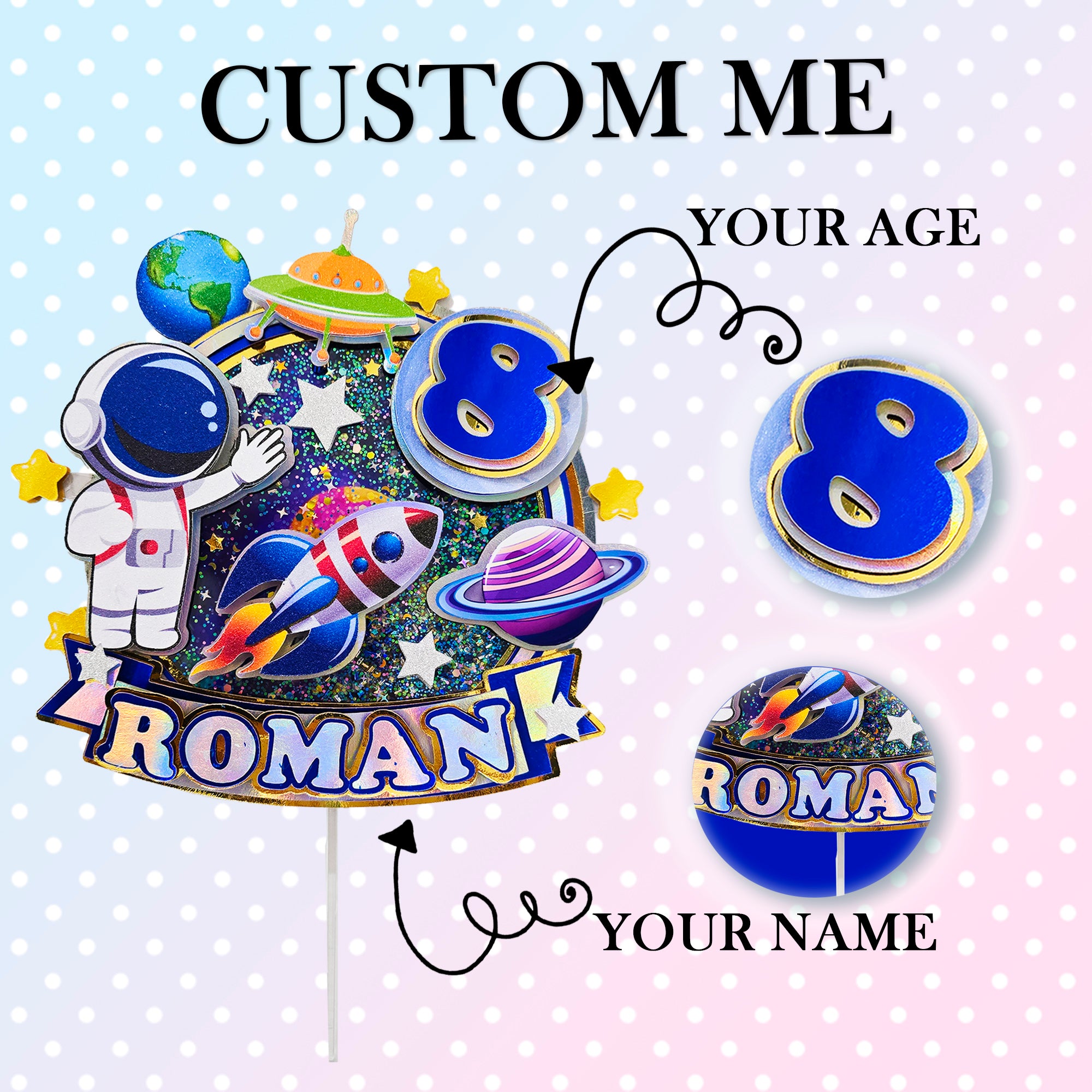 Personalized 3D Glitter Cartoon Cake Topper astronaut