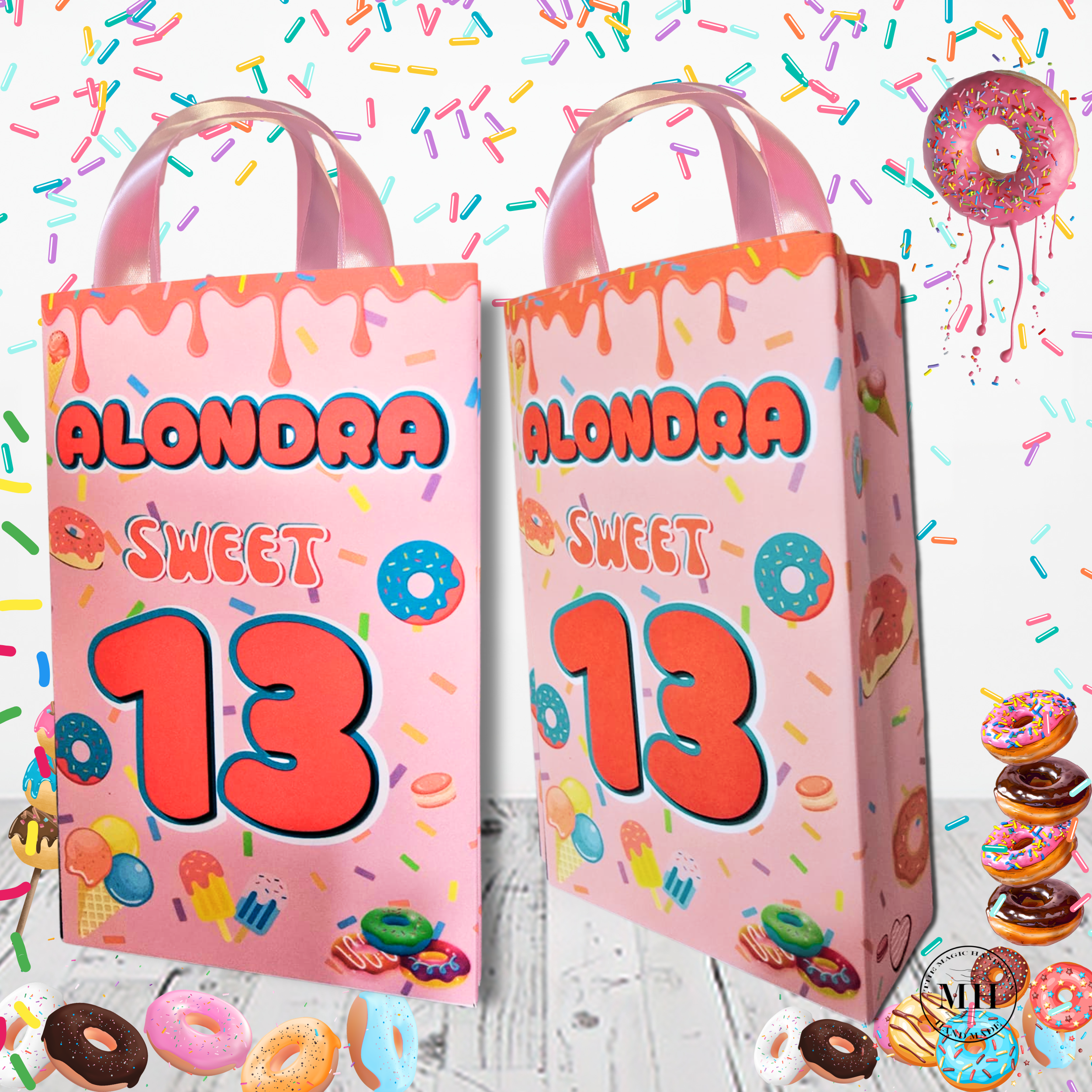 12 Personalized Candy & Donut Birthday Gift Bags with Name & Age – 8.5"x5.5" Ribbon Handles