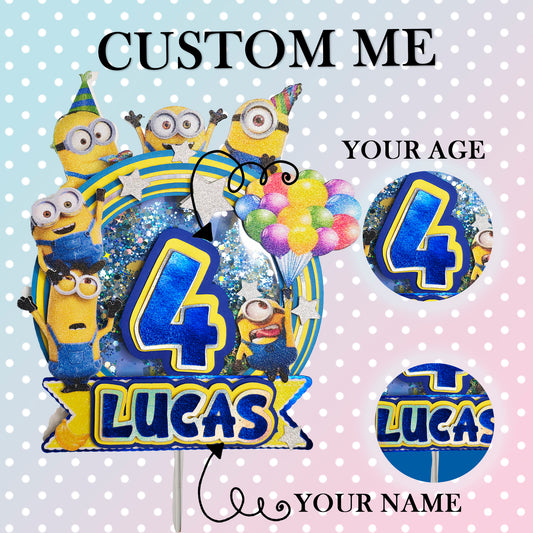 Adorno para tarta de dibujos animados con purpurina 3D personalizado de los MINNIONS