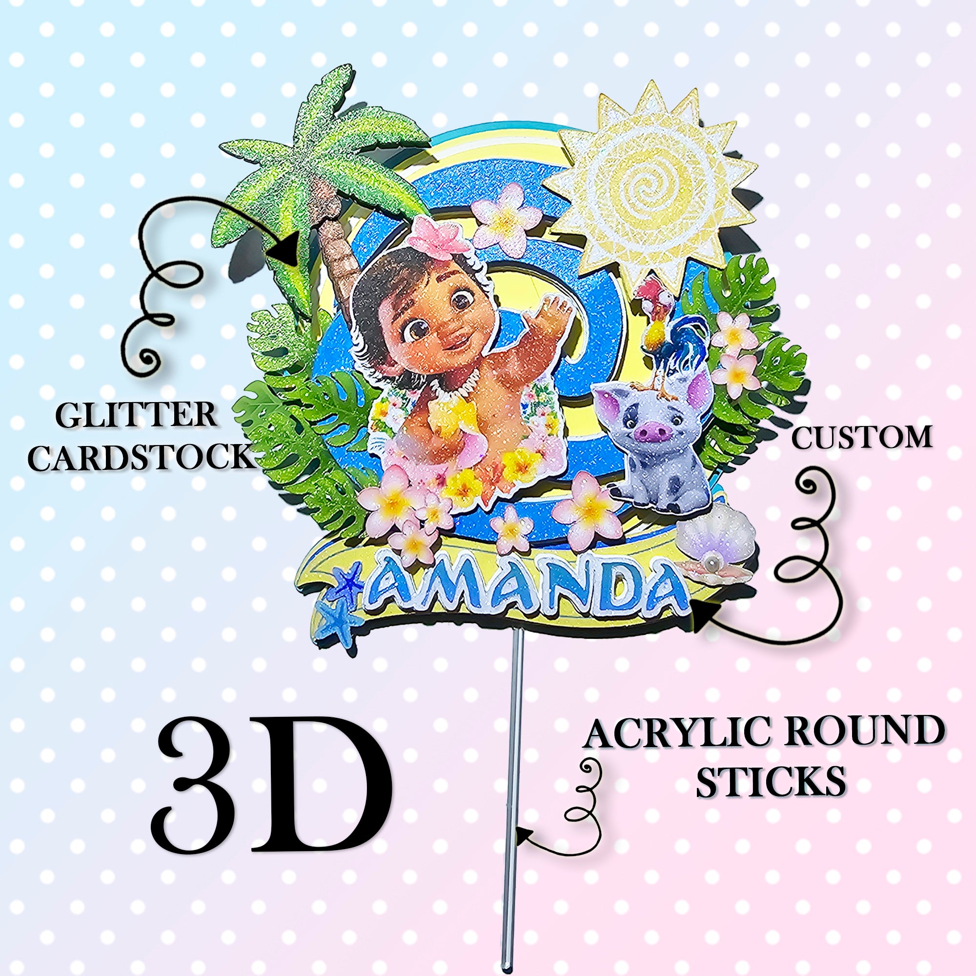 Personalized 3D Glitter Cartoon Cake Topper PRINCCES BABY MOANA