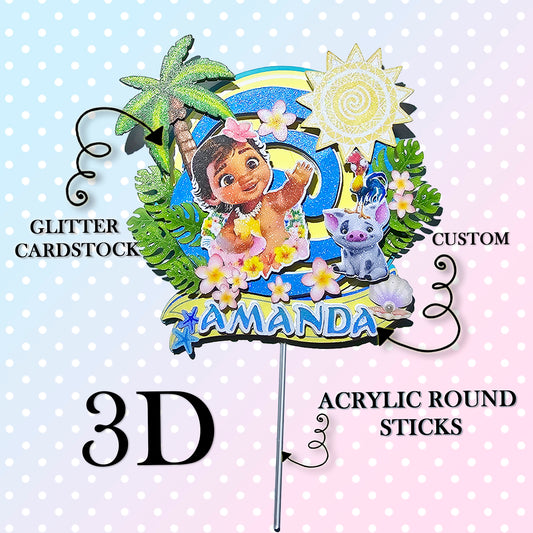Personalized 3D Glitter Cartoon Cake Topper PRINCCES BABY MOANA