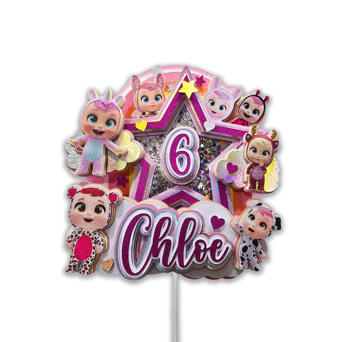 Adornos para tartas personalizados con dibujos animados de purpurina 3D para cumpleaños infantiles