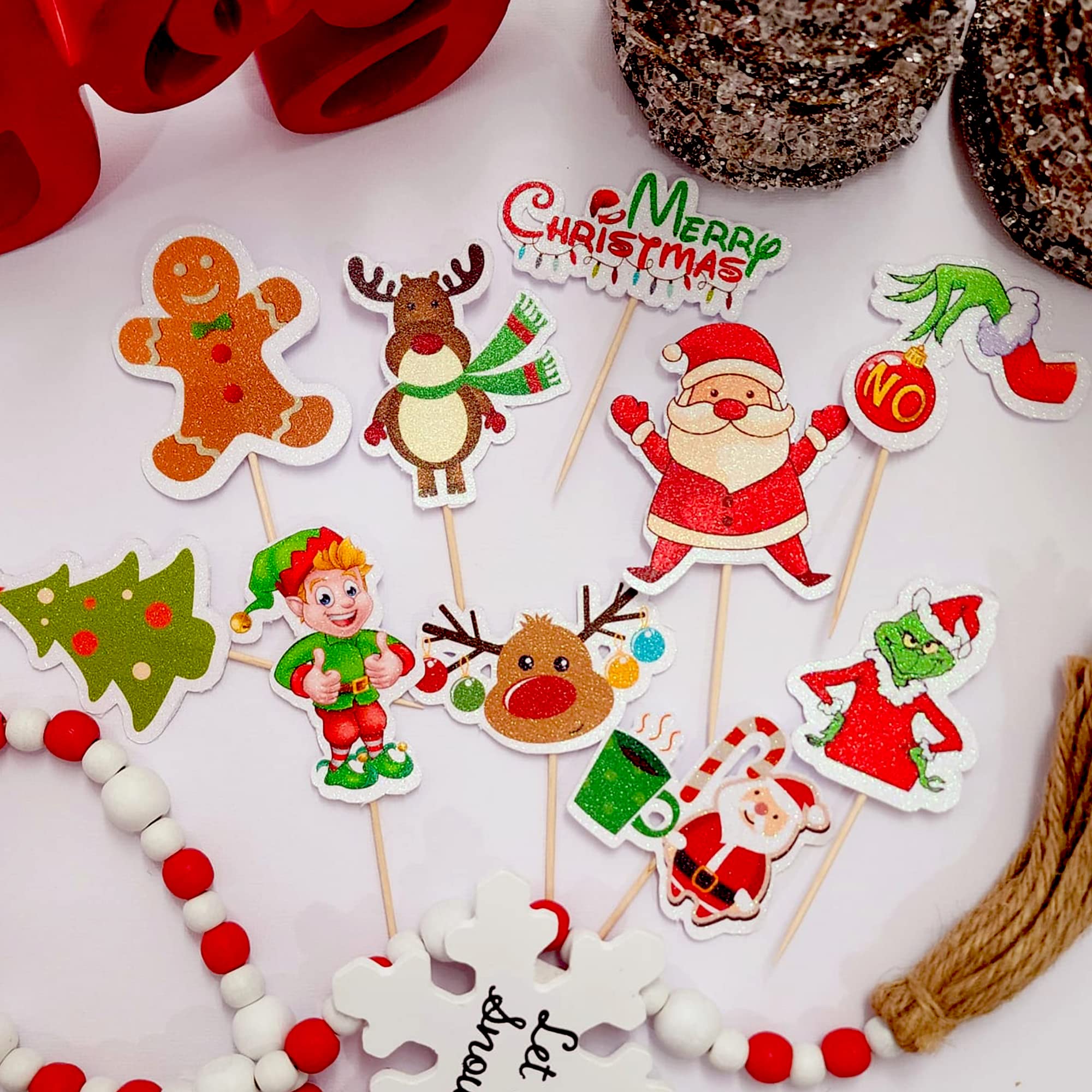 24 Pcs Glitter Cupcake Toppers. 10 Design Cute Xmas Cupcake Toppers. Food Decoration, Picks for Christmas Birthday Party Supplies Dessert Decorations