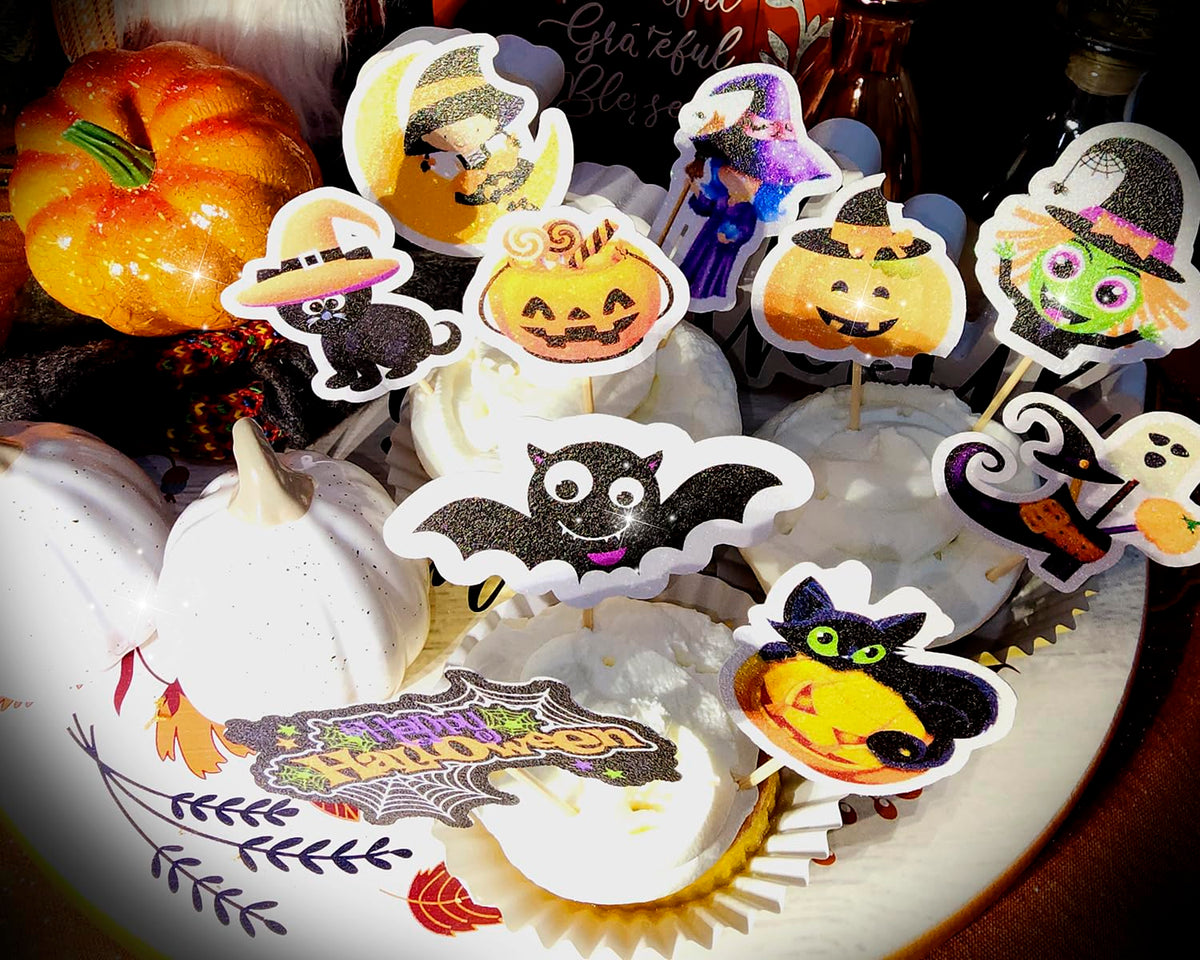 24 piezas de adornos para cupcakes de Halloween: 10 diseños de decoraciones para cupcakes, pasteles, suministros para fiestas de Halloween, decoraciones de postres.
