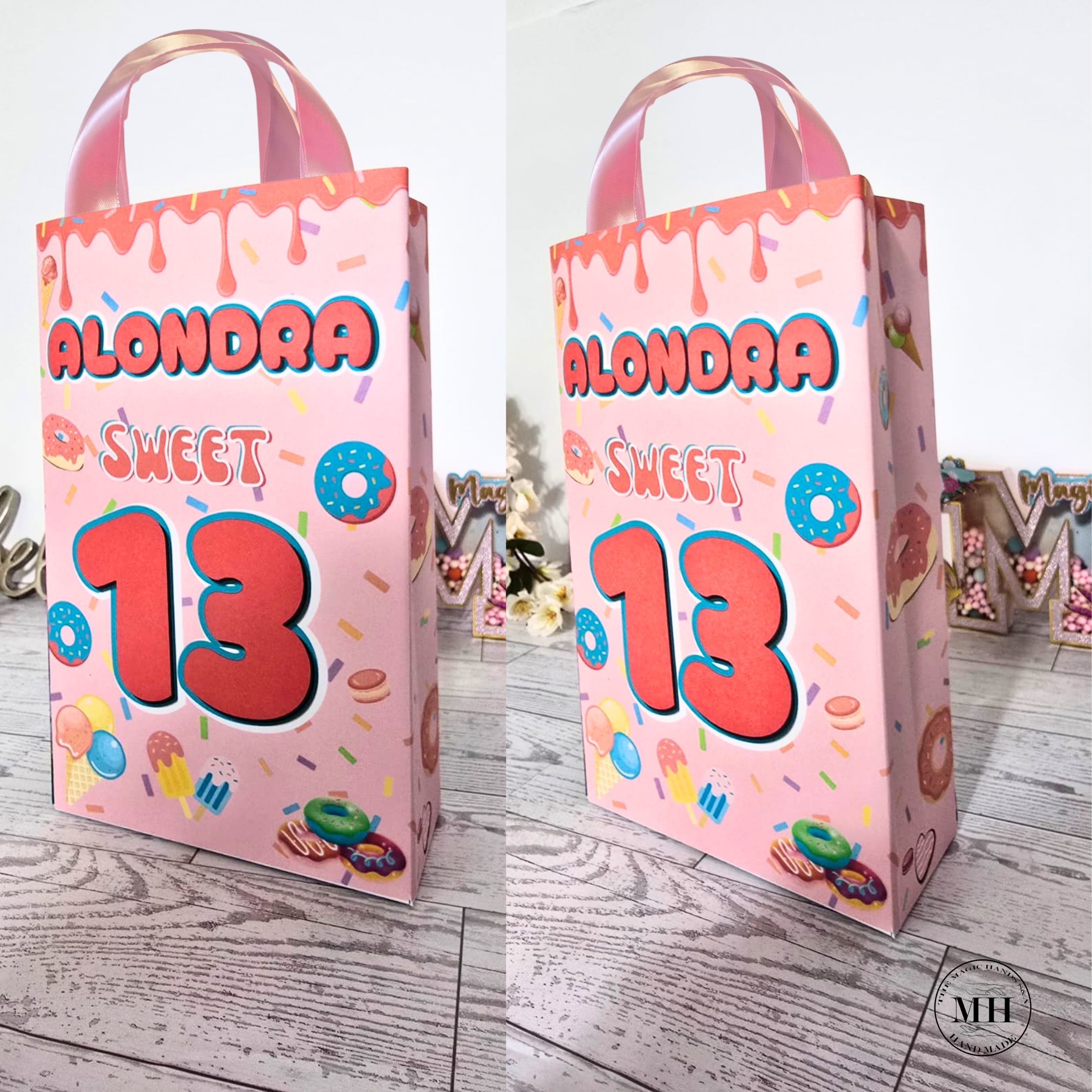 12 Personalized Candy & Donut Birthday Gift Bags with Name & Age – 8.5"x5.5" Ribbon Handles
