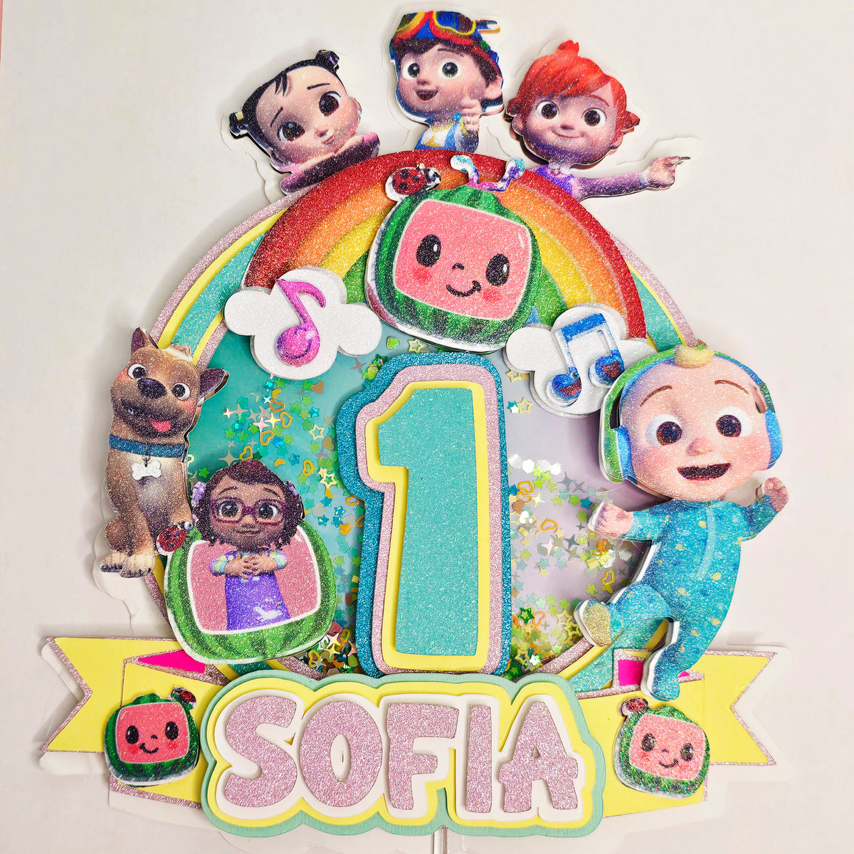 Adorno para tarta personalizado con purpurina 3D de dibujos animados COCOMELON