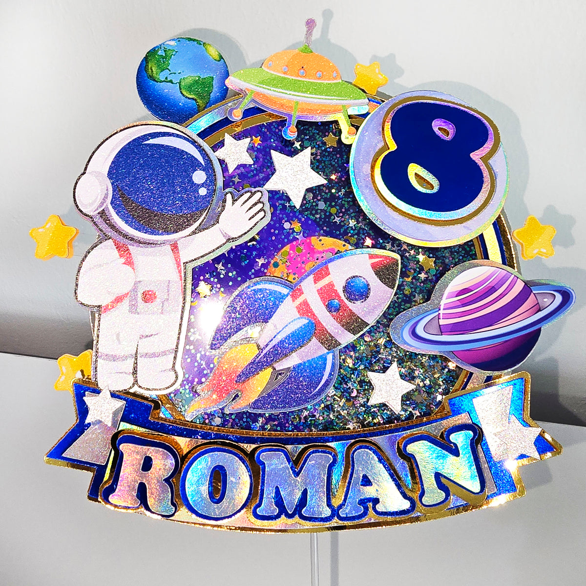 Adorno para tarta de astronauta personalizado con purpurina 3D