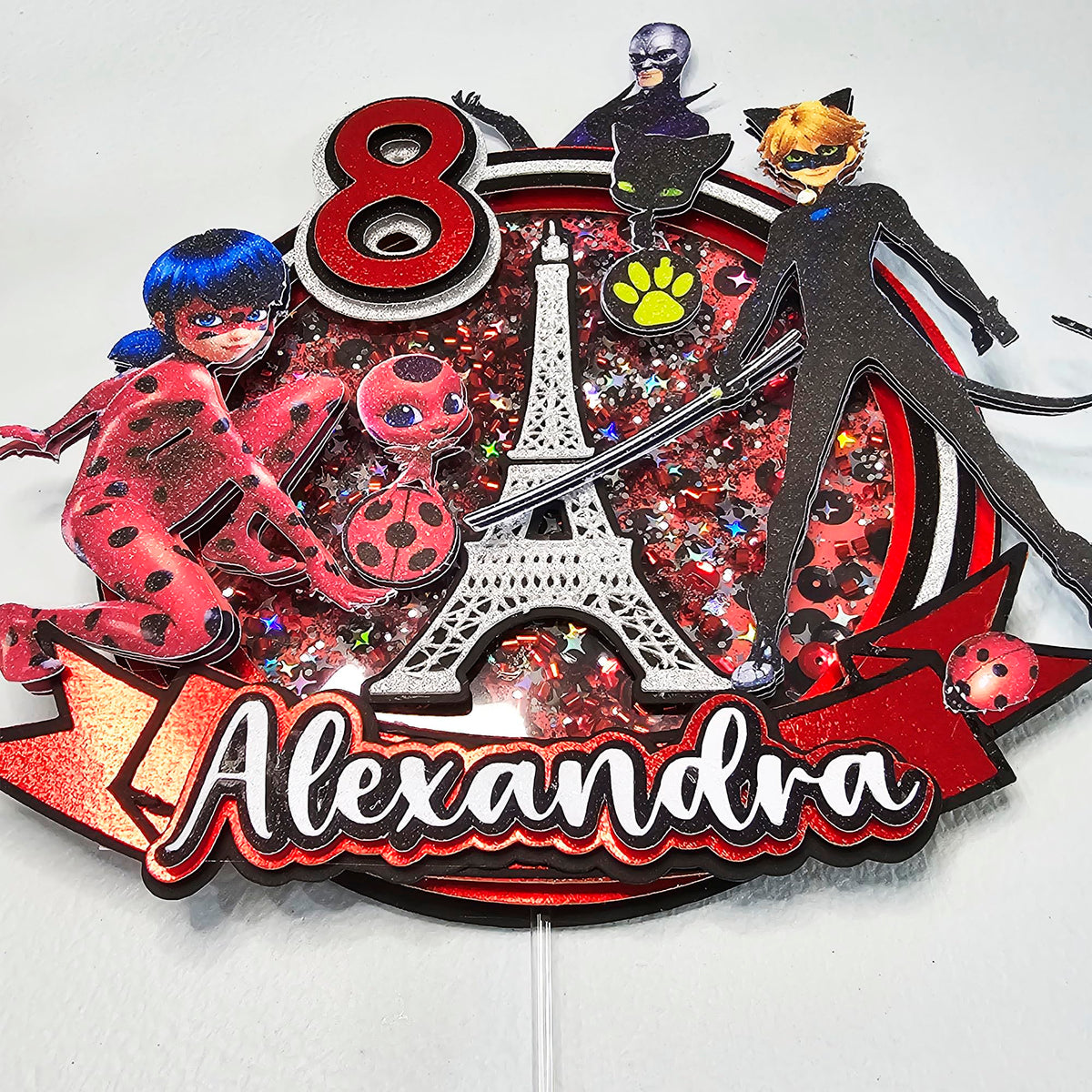 Adornos para tartas personalizados con dibujos animados de purpurina 3D para cumpleaños infantiles