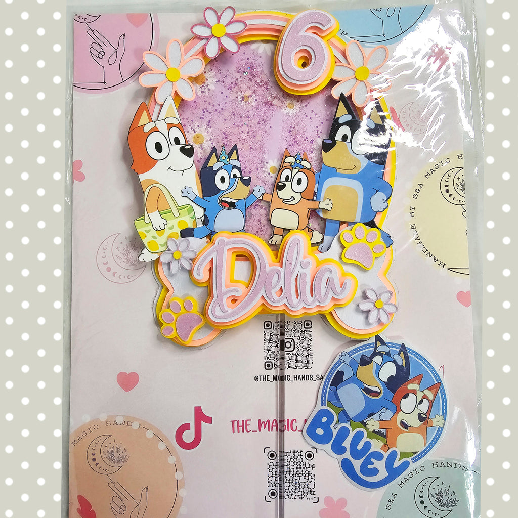 Personalized 3D Glitter Cartoon Cake Topper (BLUEY ROSA)