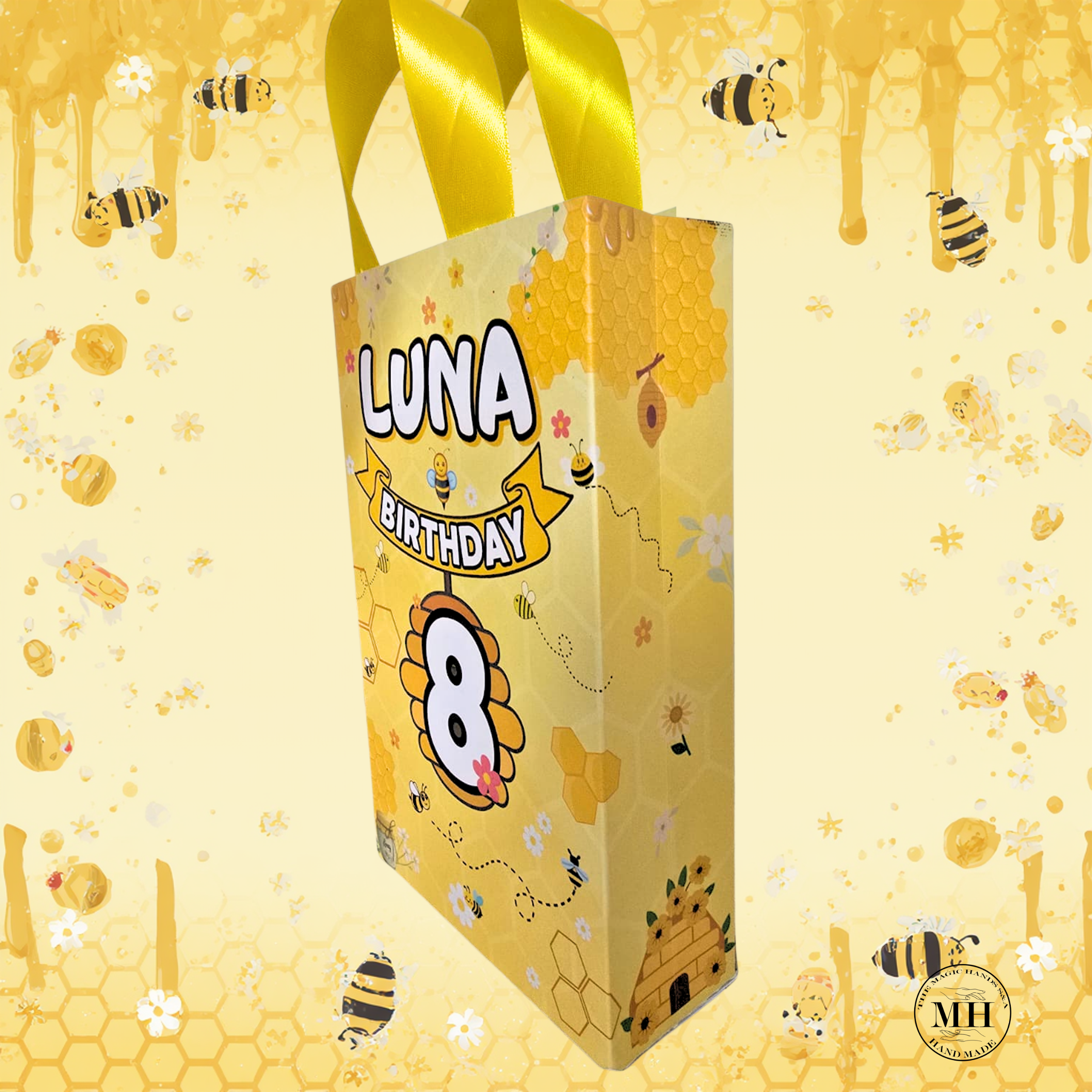12 Personalized Bee Birthday Gift Bags with Name & Age – 8.5"x5.5" Ribbon Handles