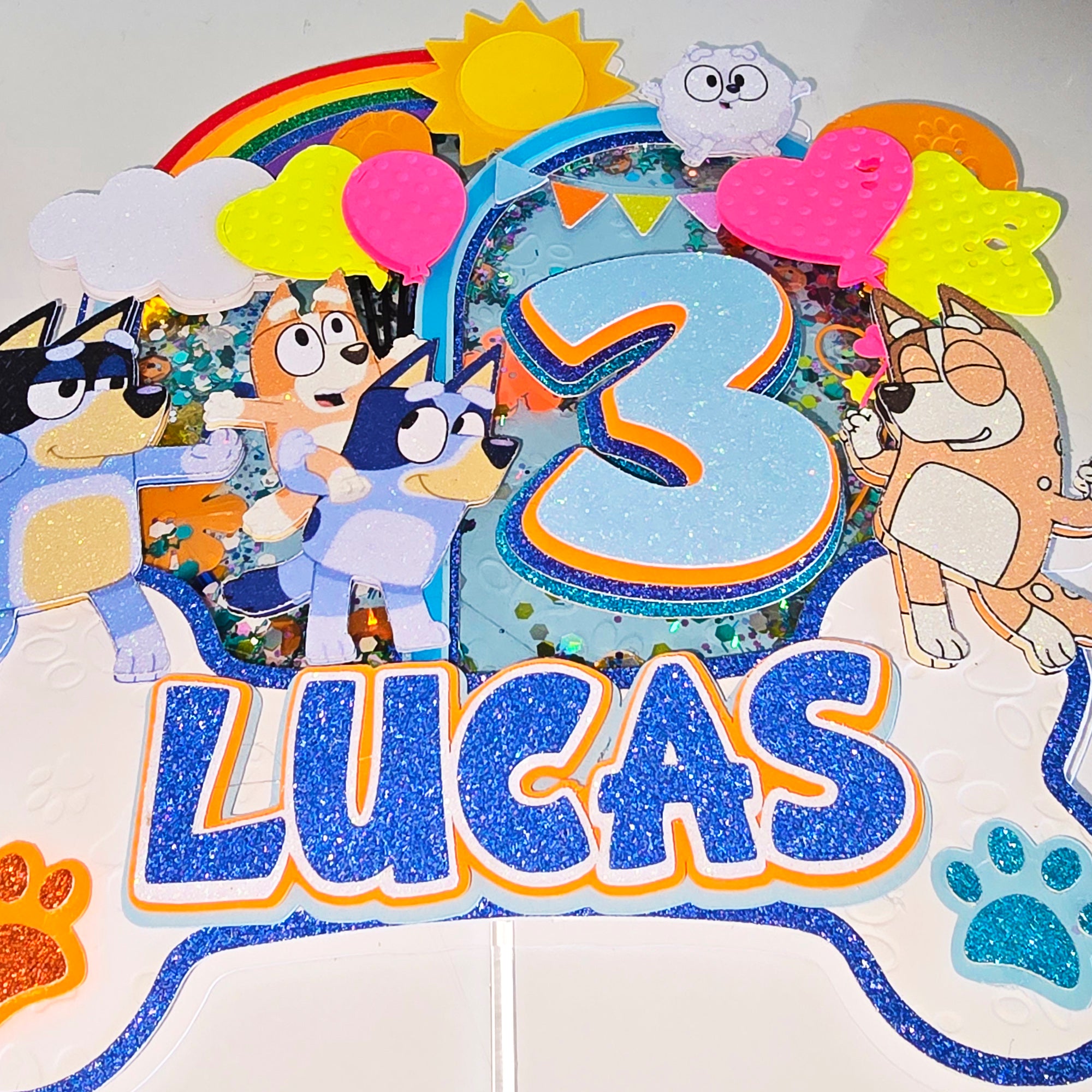 Personalized 3D Glitter Cake Topper bluey blue