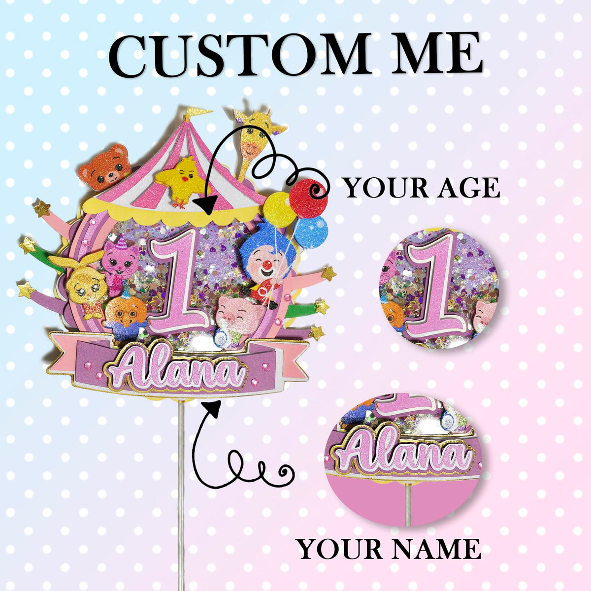 Adornos para tartas personalizados con dibujos animados de purpurina 3D para cumpleaños infantiles