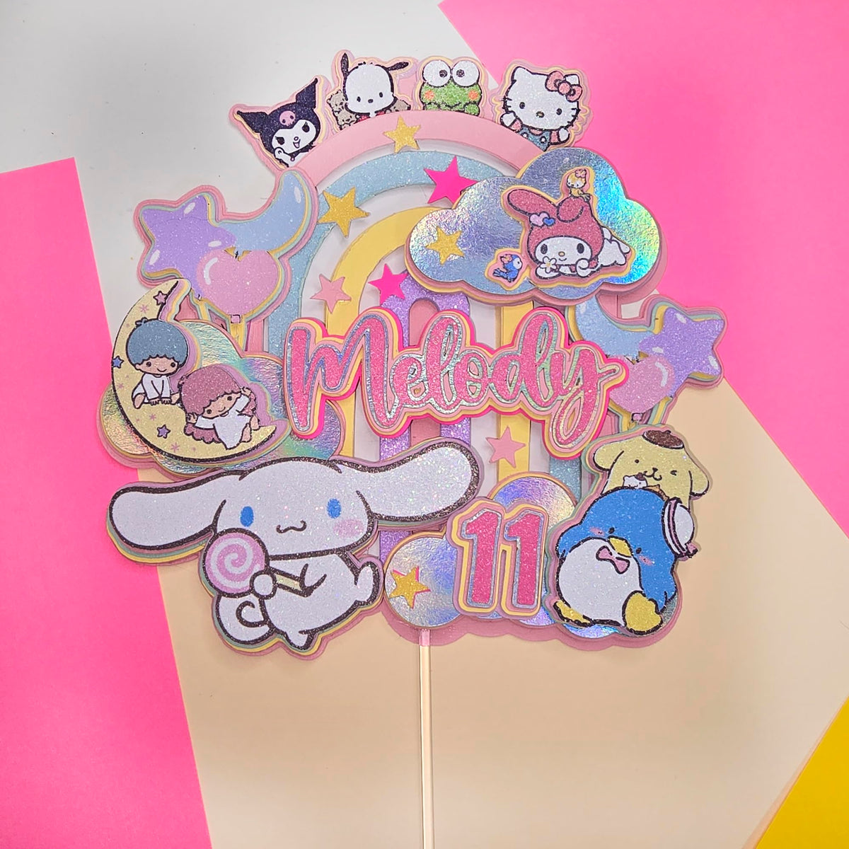 Adornos para tartas personalizados con dibujos animados de purpurina 3D para cumpleaños infantiles