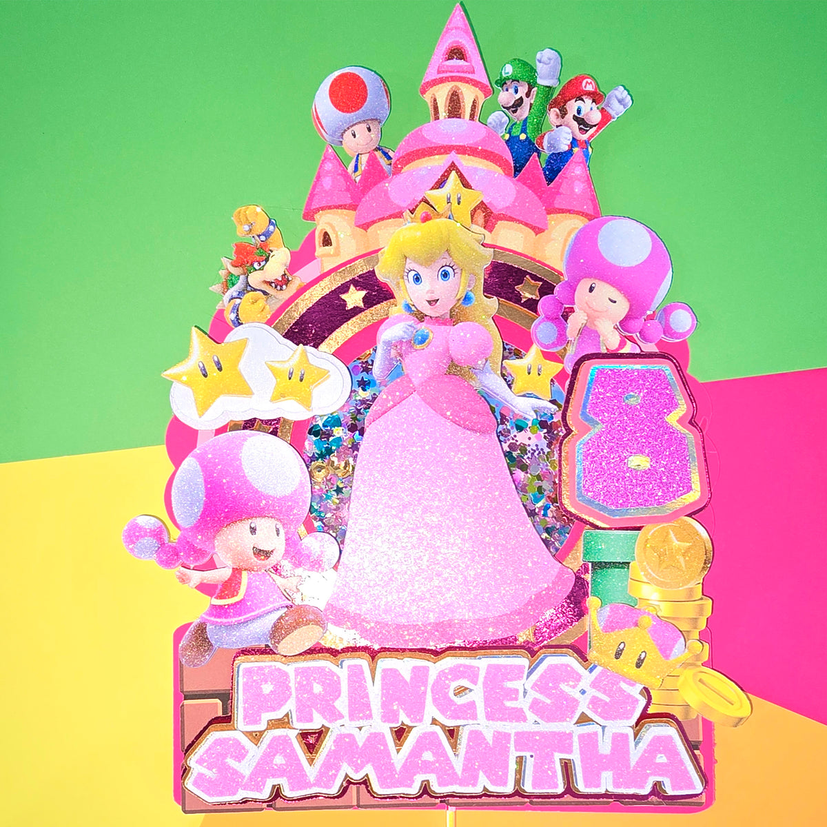 Adorno para tarta de dibujos animados con purpurina 3D personalizado de PRINCESS PEACH