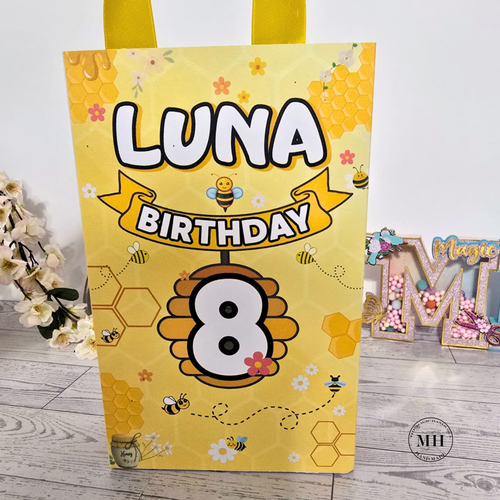 12 Personalized Bee Birthday Gift Bags with Name & Age – 8.5"x5.5" Ribbon Handles