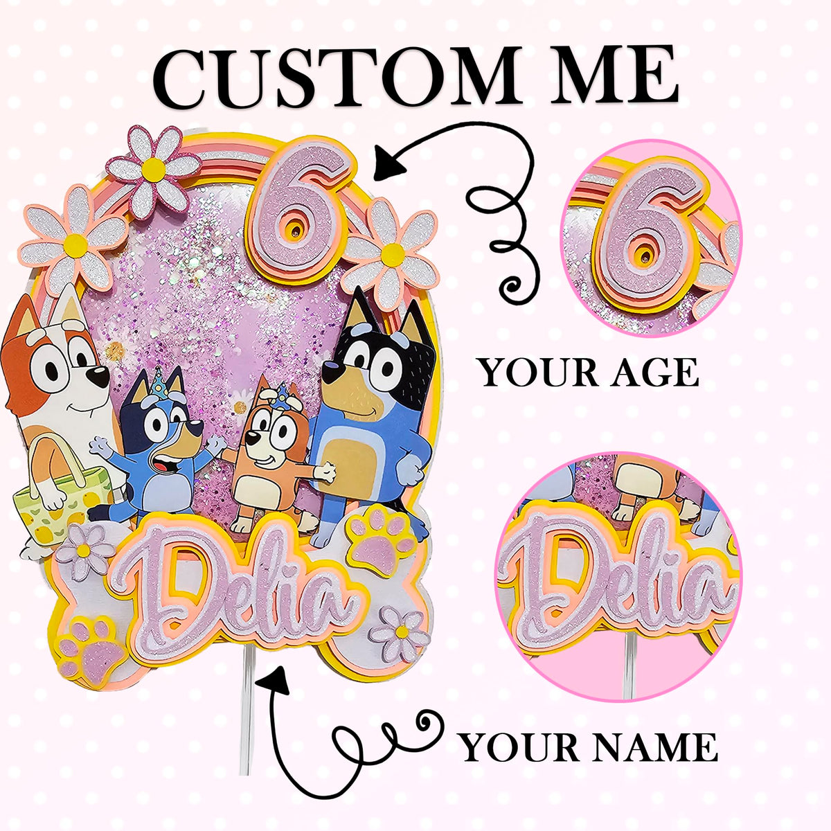 Adornos para tartas personalizados con dibujos animados de purpurina 3D para cumpleaños infantiles