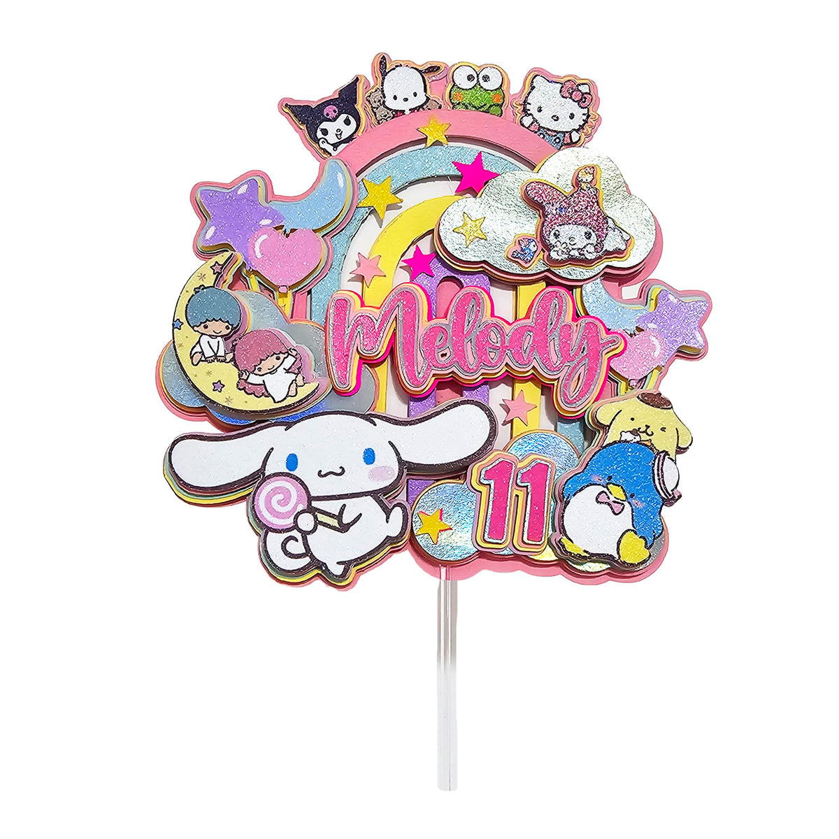 Adornos para tartas personalizados con dibujos animados de purpurina 3D para cumpleaños infantiles