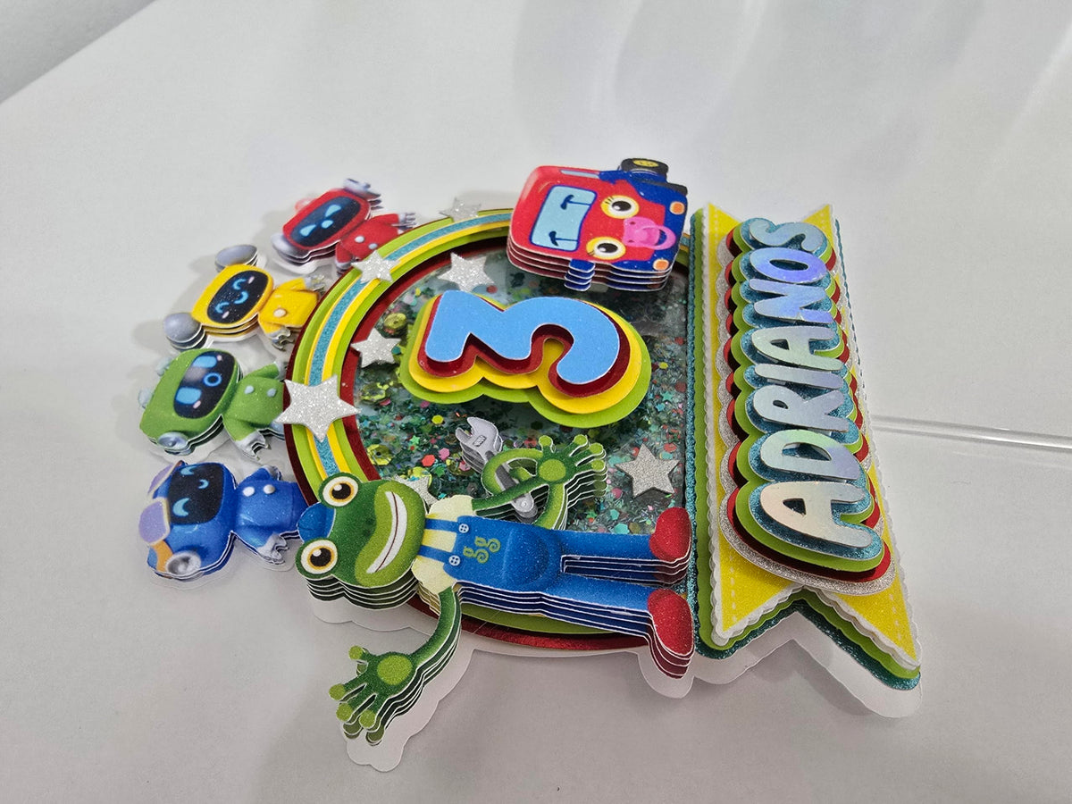 Adornos para tartas personalizados con dibujos animados de purpurina 3D para cumpleaños infantiles