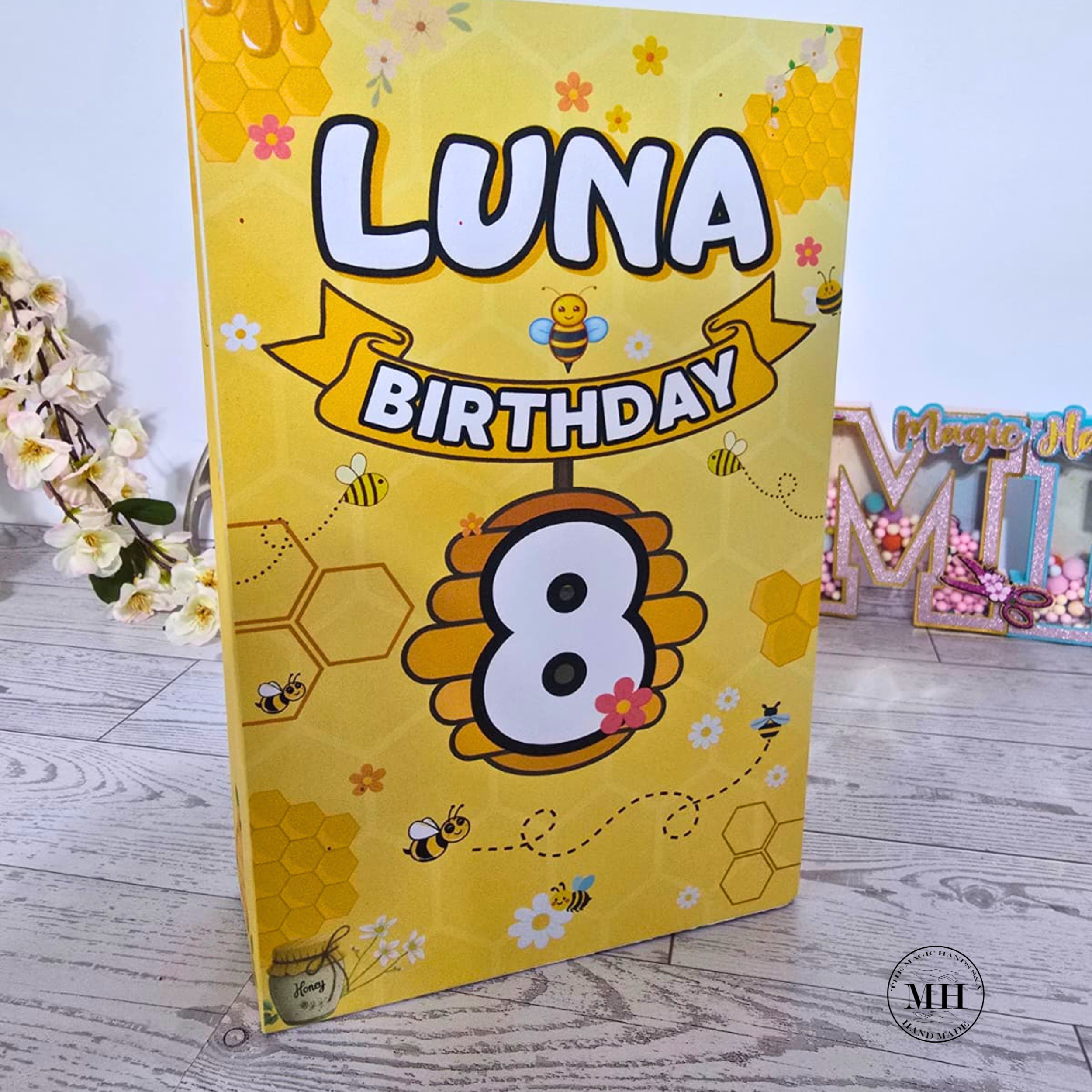 12 Personalized Bee Birthday Gift Bags with Name & Age – 8.5"x5.5" Ribbon Handles
