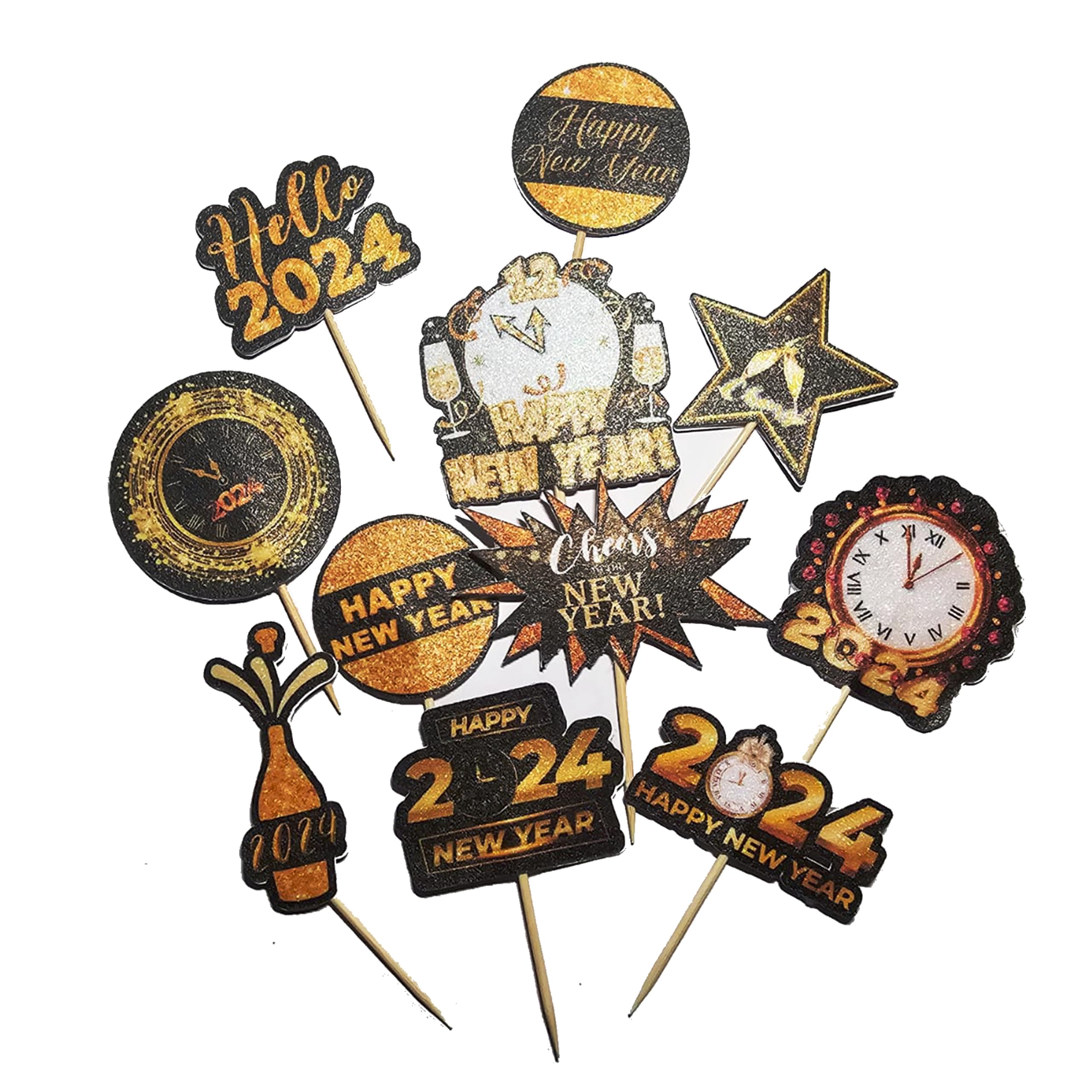24 Pieces New Years 2024 Cupcake Toppers Glitter New Years 2024 Cupcake Toppers Black and Gold Hello 2024 Party Decorations for Celebration New Years Eve Party Favors Supplies