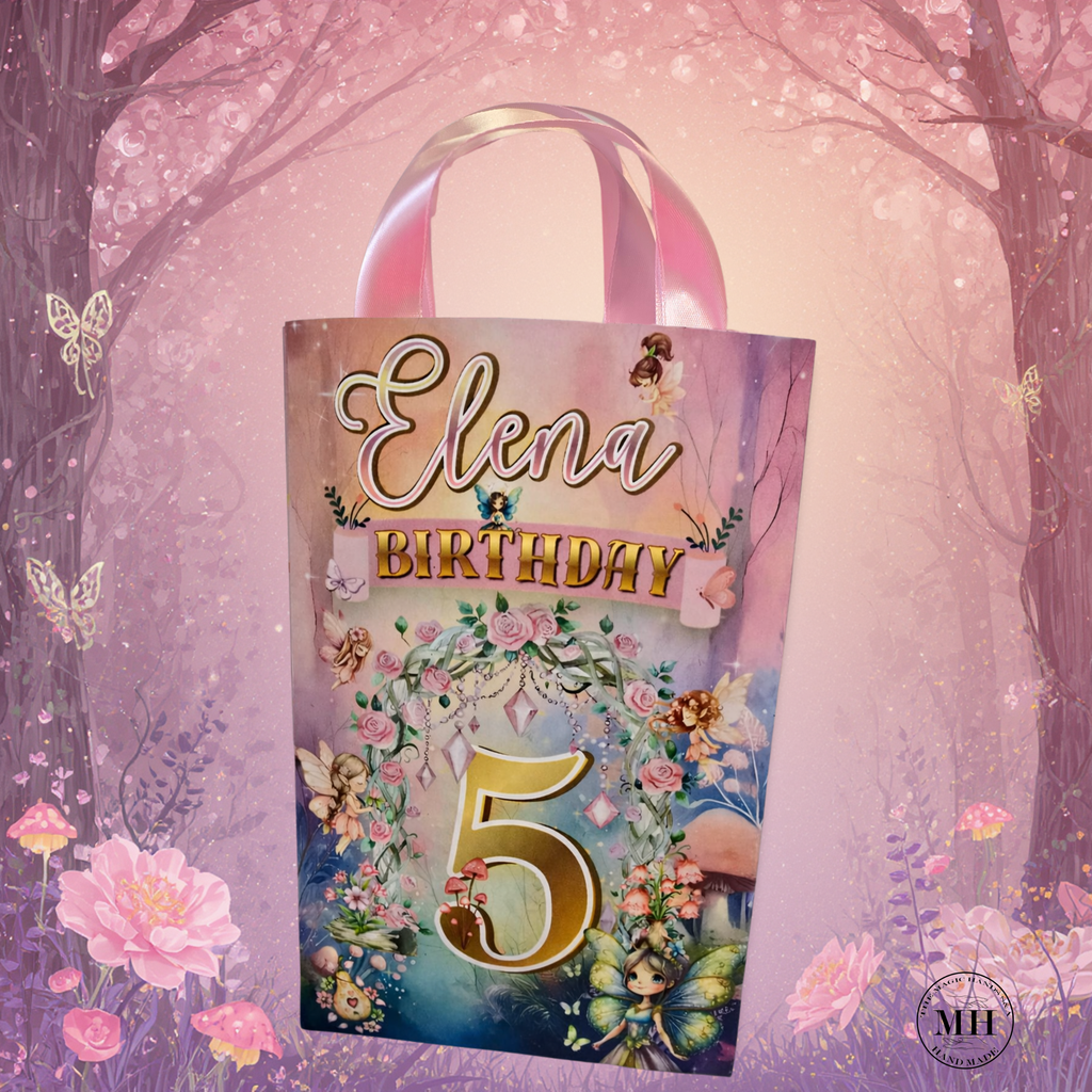 12 Personalized Enchanted Forest Birthday Gift Bags with Name & Age – 8.5"x5.5" Ribbon Handles