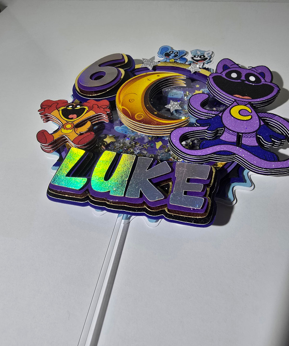 Adornos para tartas personalizados con dibujos animados de purpurina 3D para cumpleaños infantiles