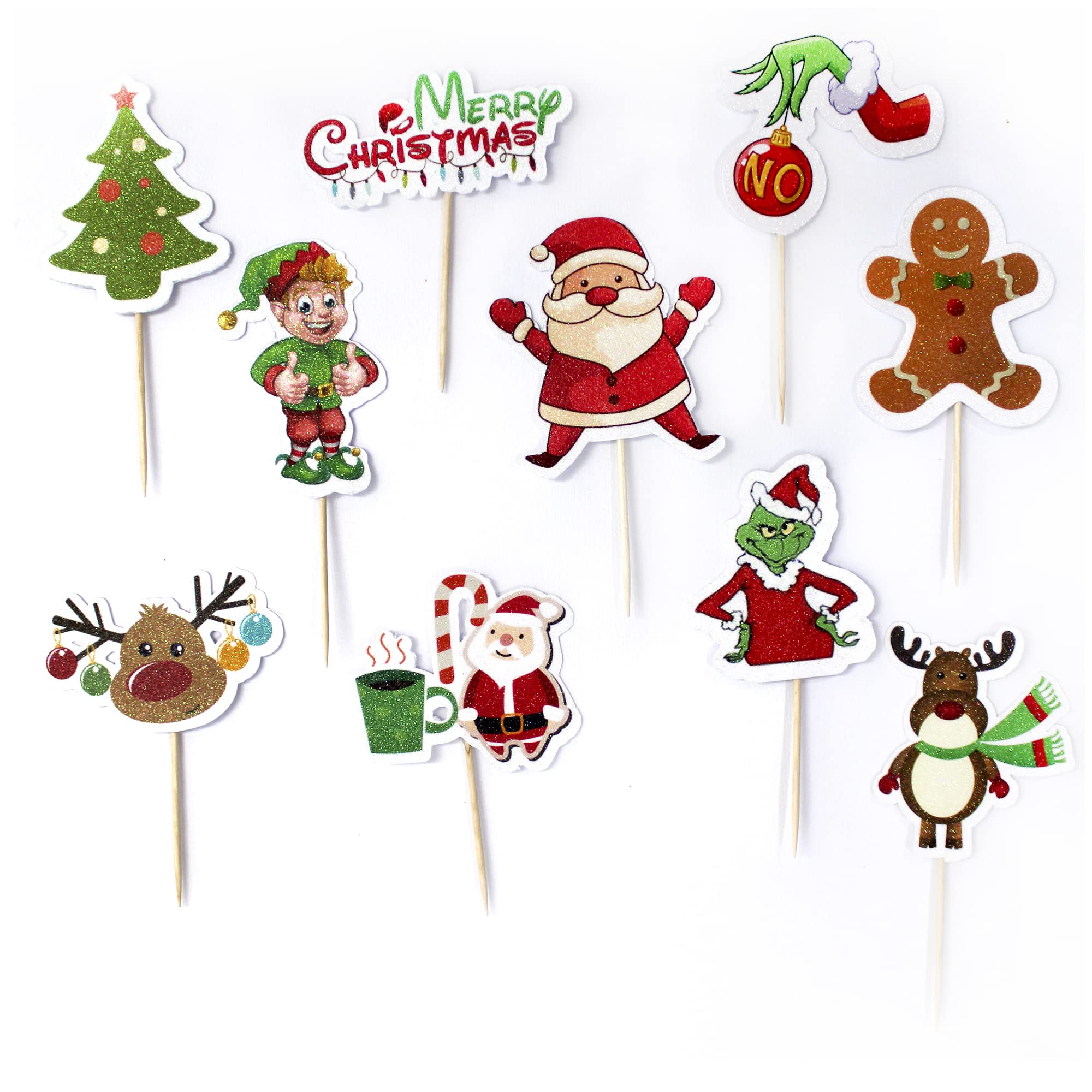24 Pcs Glitter Cupcake Toppers. 10 Design Cute Xmas Cupcake Toppers. Food Decoration, Picks for Christmas Birthday Party Supplies Dessert Decorations