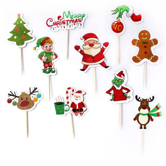 24 adornos brillantes para cupcakes. 10 diseños adorables para cupcakes navideños. Decoración de comida, palillos para fiestas de cumpleaños y postres.