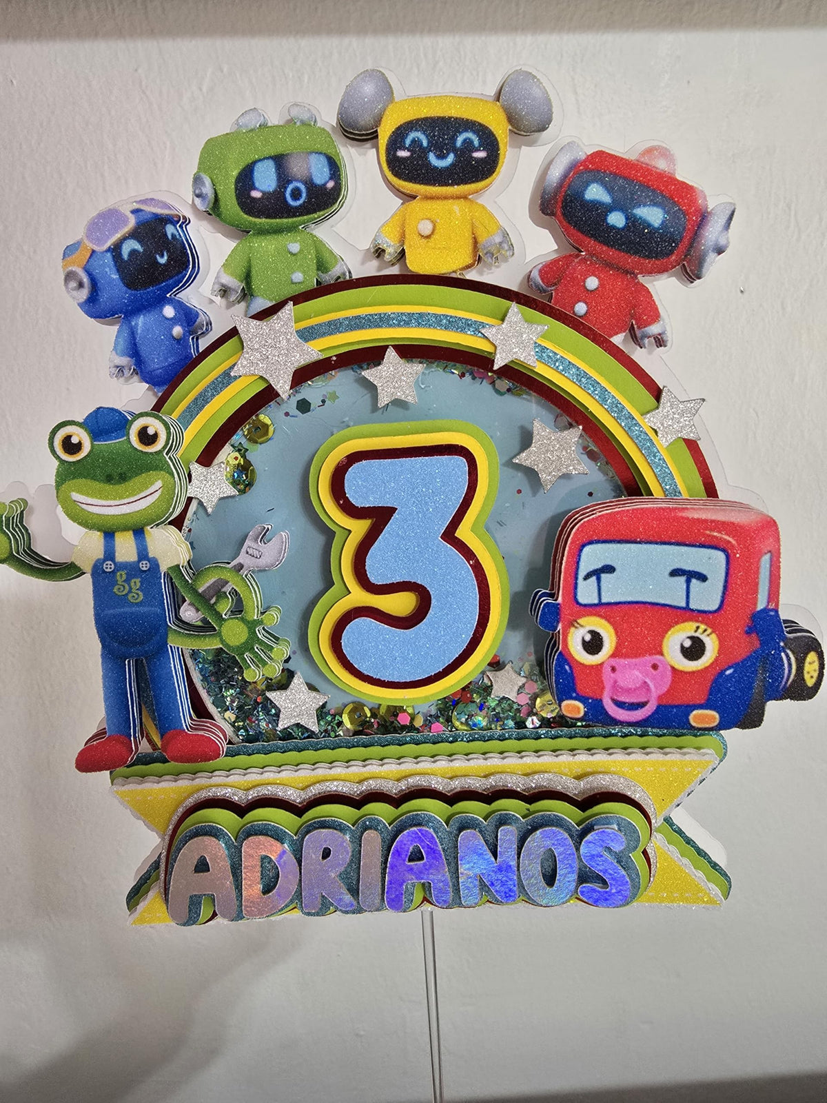 Adornos para tartas personalizados con dibujos animados de purpurina 3D para cumpleaños infantiles