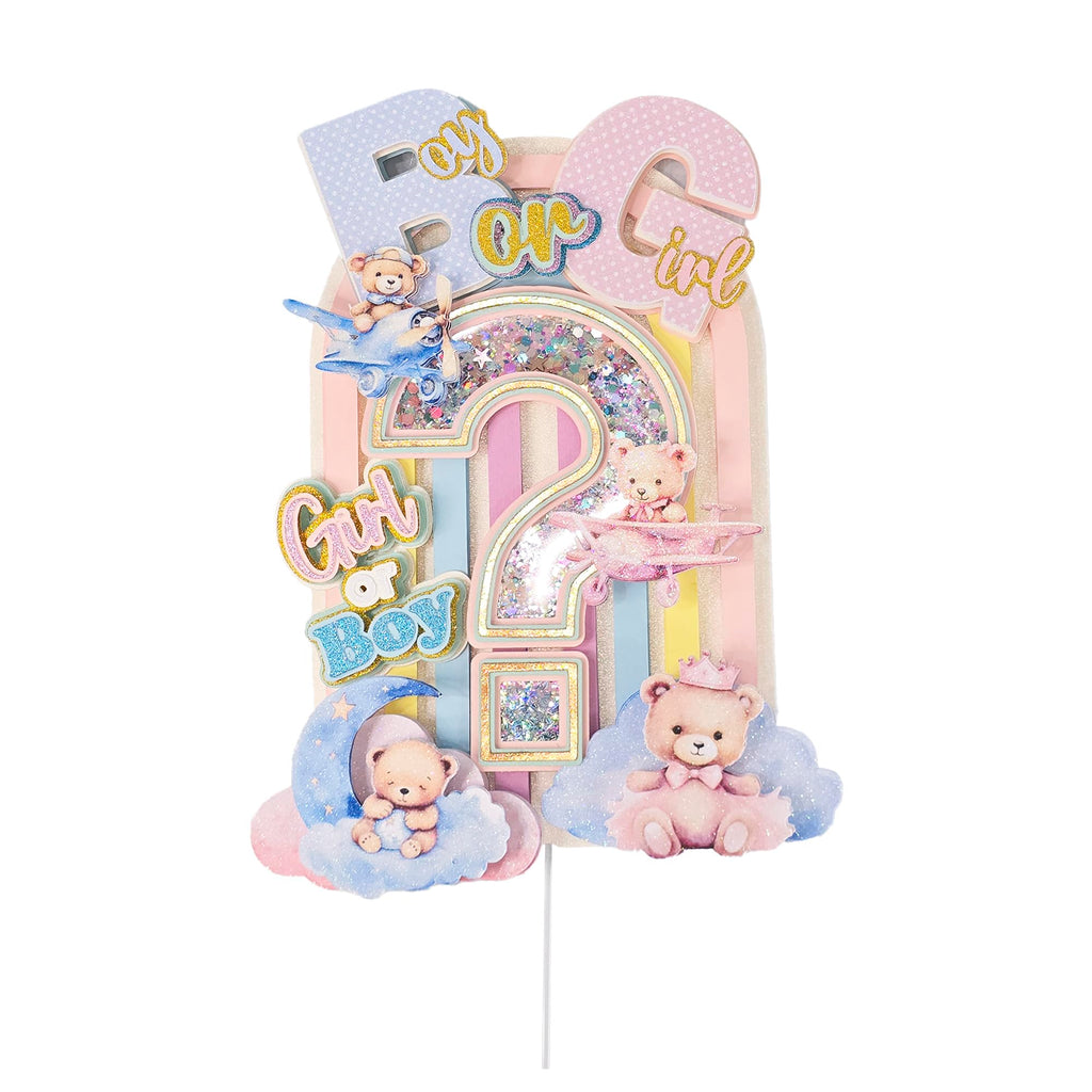Decorative Cake Topper, Boy or Girl Gender Reveal, Stuffed Bears and Rainbow Arch