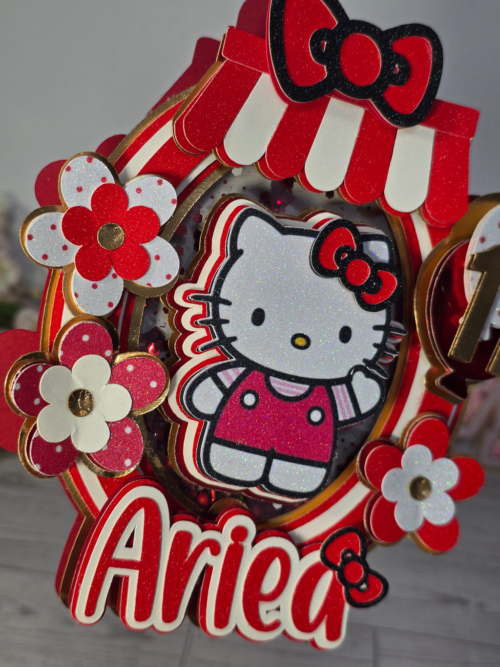 Personalized 3D Hello Kitty Cake Topper – Glitter with Name & Age