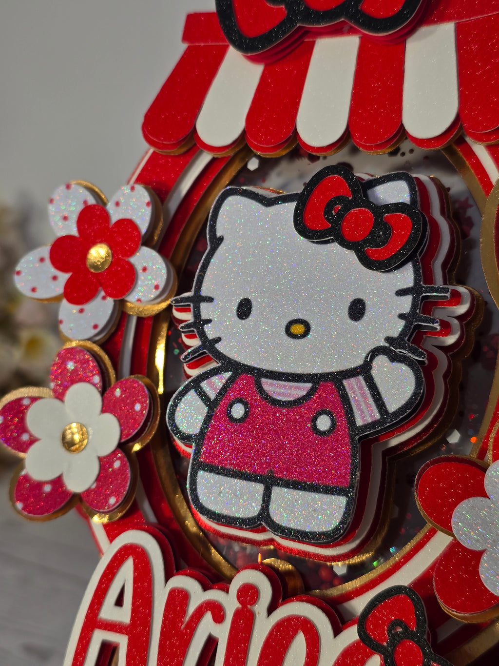 Personalized 3D Hello Kitty Cake Topper – Glitter with Name & Age