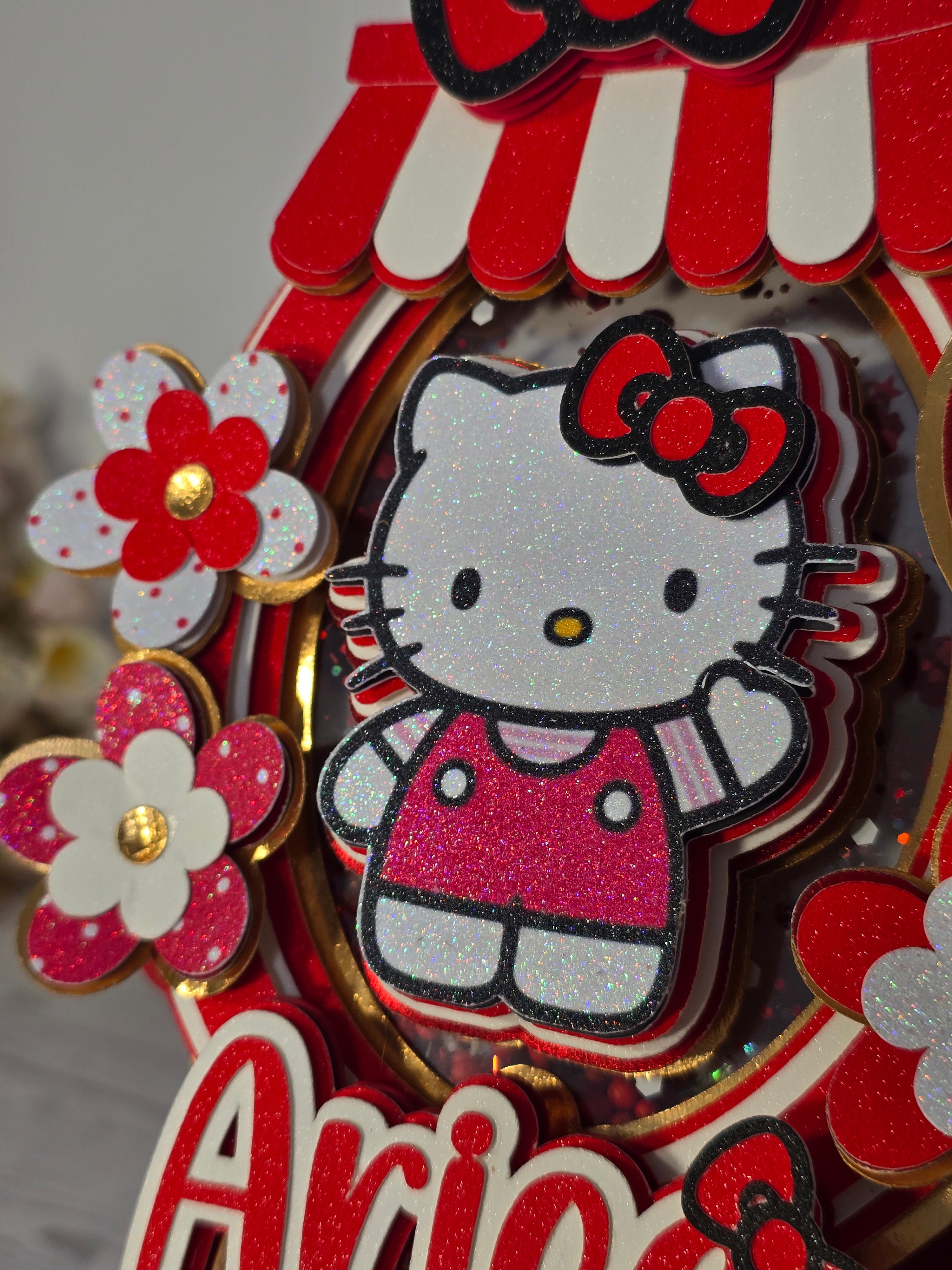Personalized 3D Hello Kitty Cake Topper – Glitter with Name & Age