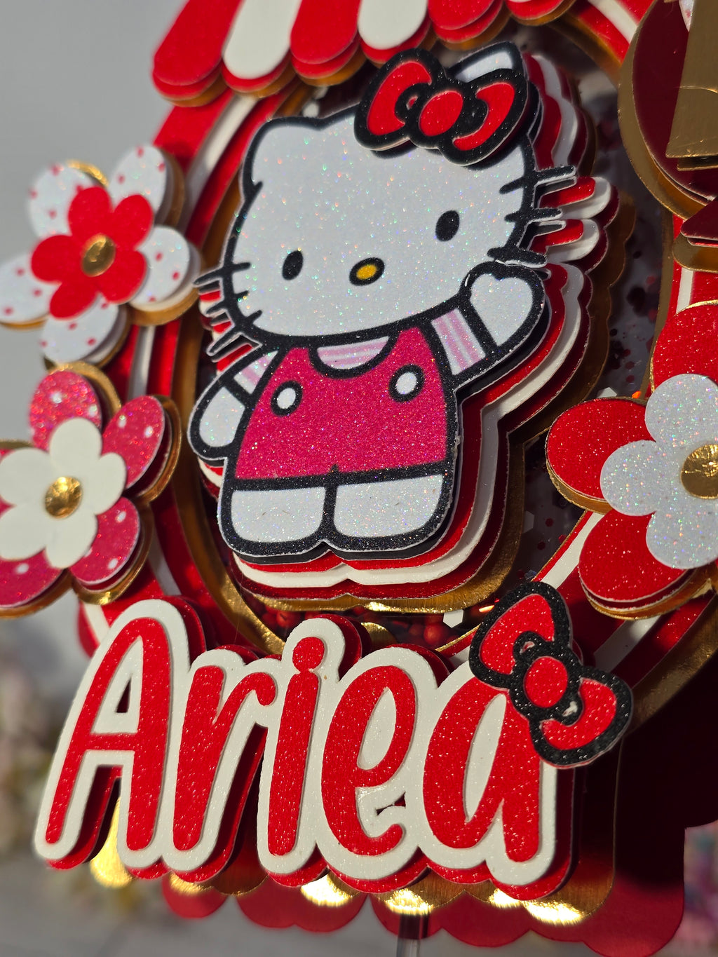 Personalized 3D Hello Kitty Cake Topper – Glitter with Name & Age
