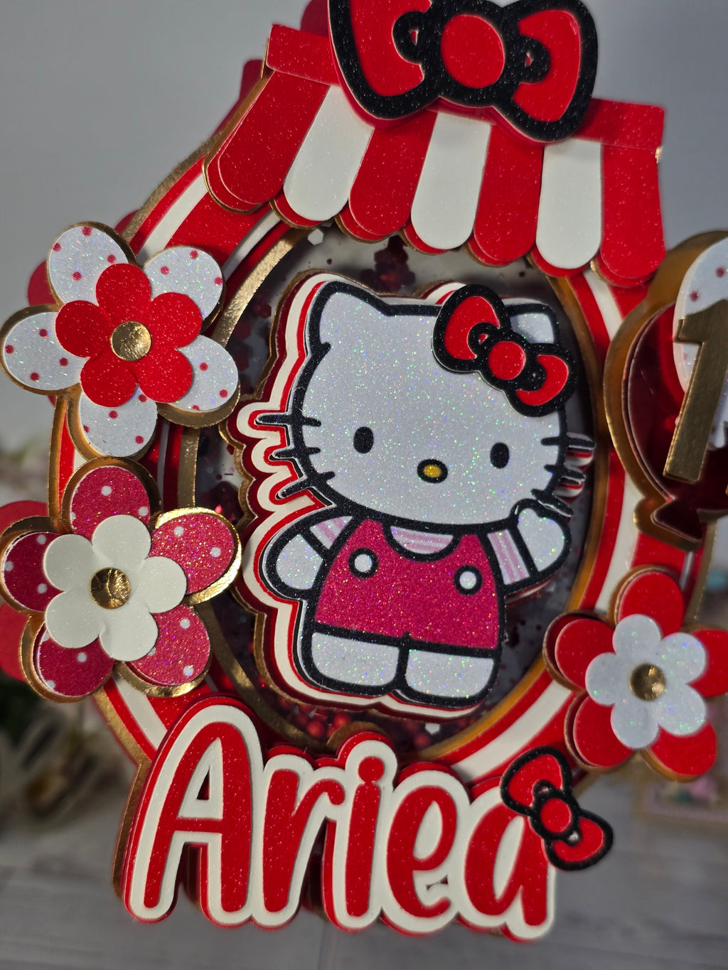 Personalized 3D Hello Kitty Cake Topper – Glitter with Name & Age