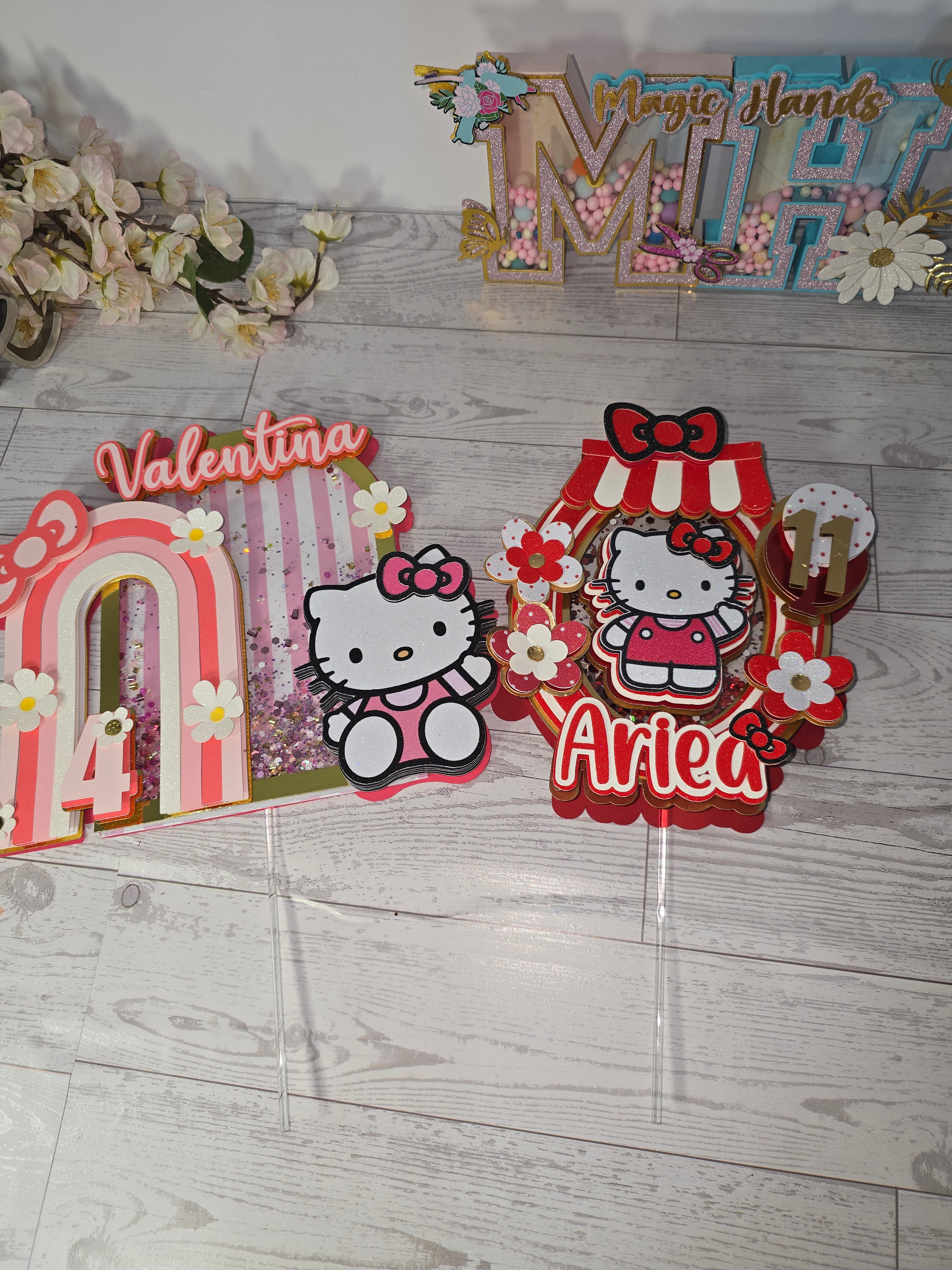 Personalized 3D Hello Kitty Cake Topper – Glitter with Name & Age