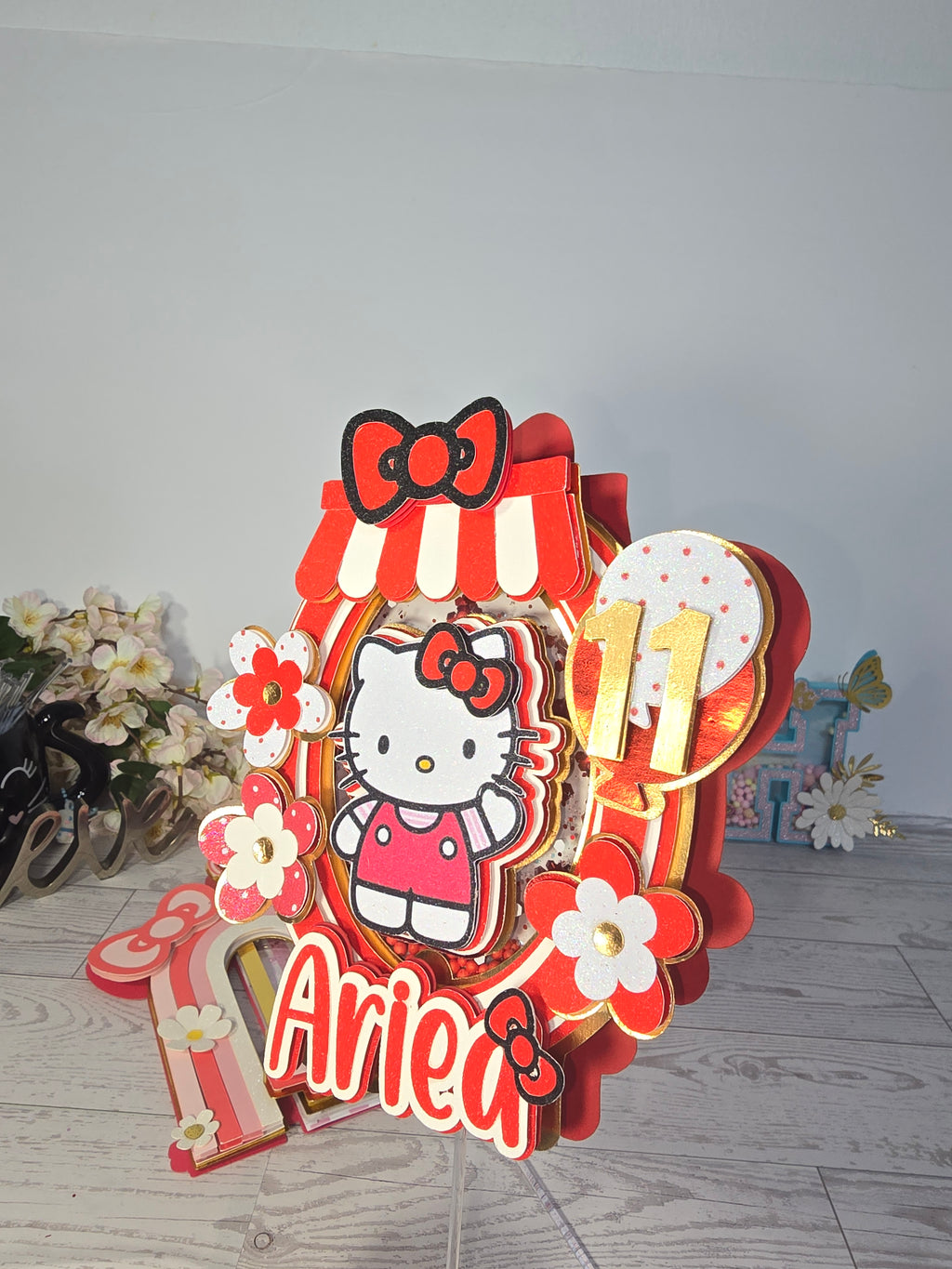Personalized 3D Hello Kitty Cake Topper – Glitter with Name & Age