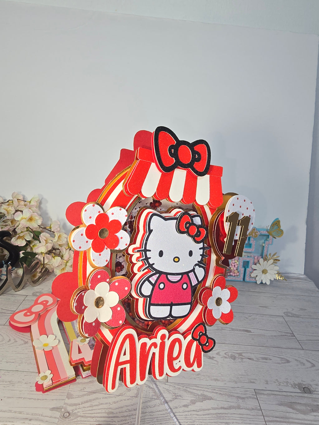 Personalized 3D Hello Kitty Cake Topper – Glitter with Name & Age