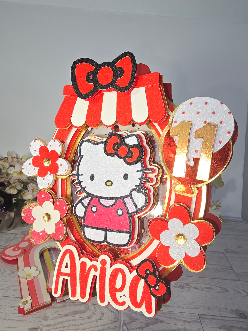 Personalized 3D Hello Kitty Cake Topper – Glitter with Name & Age