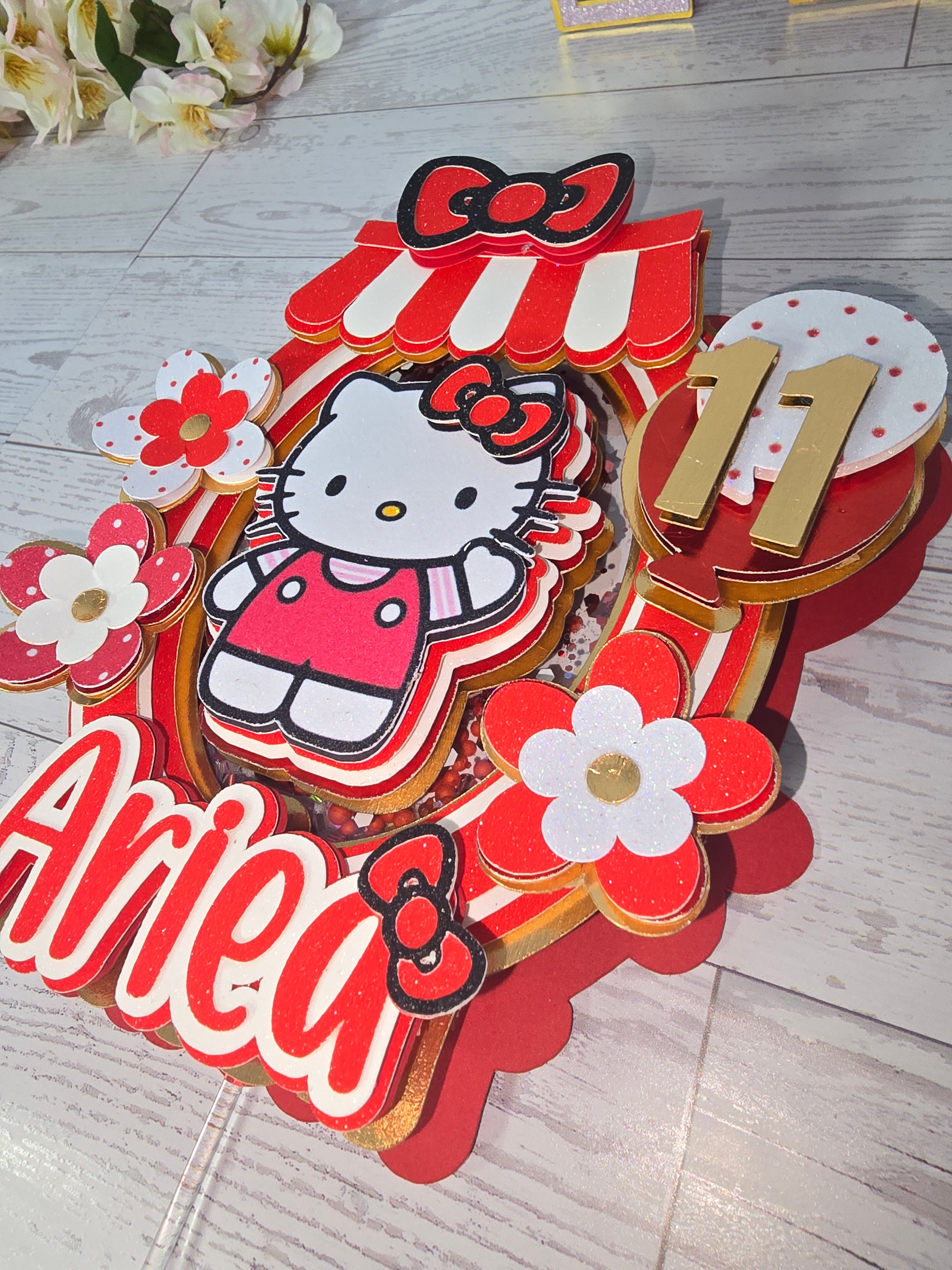 Personalized 3D Hello Kitty Cake Topper – Glitter with Name & Age