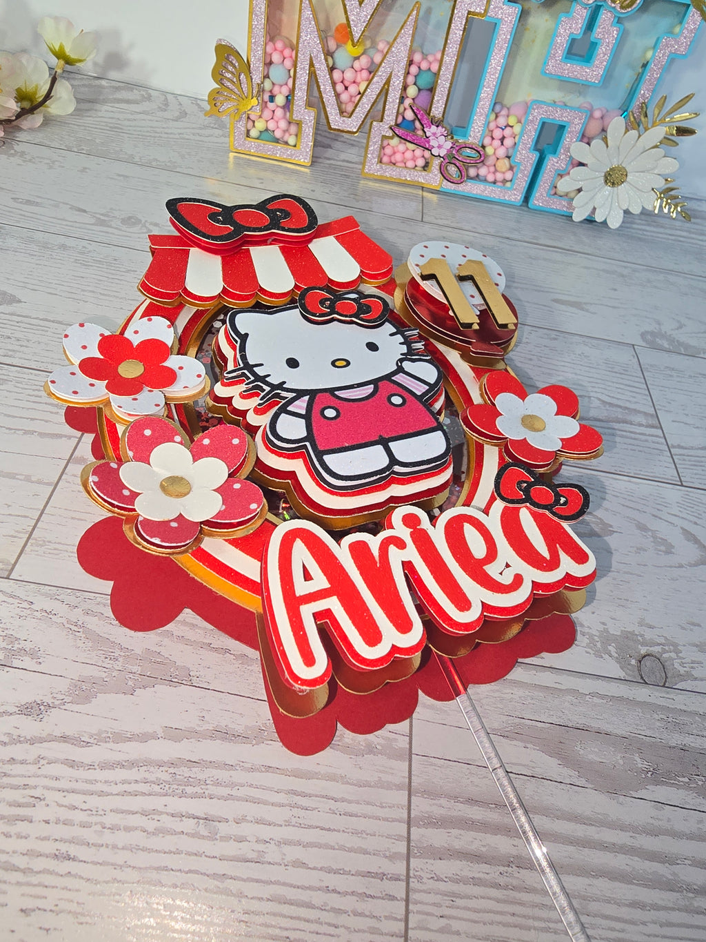 Personalized 3D Hello Kitty Cake Topper – Glitter with Name & Age