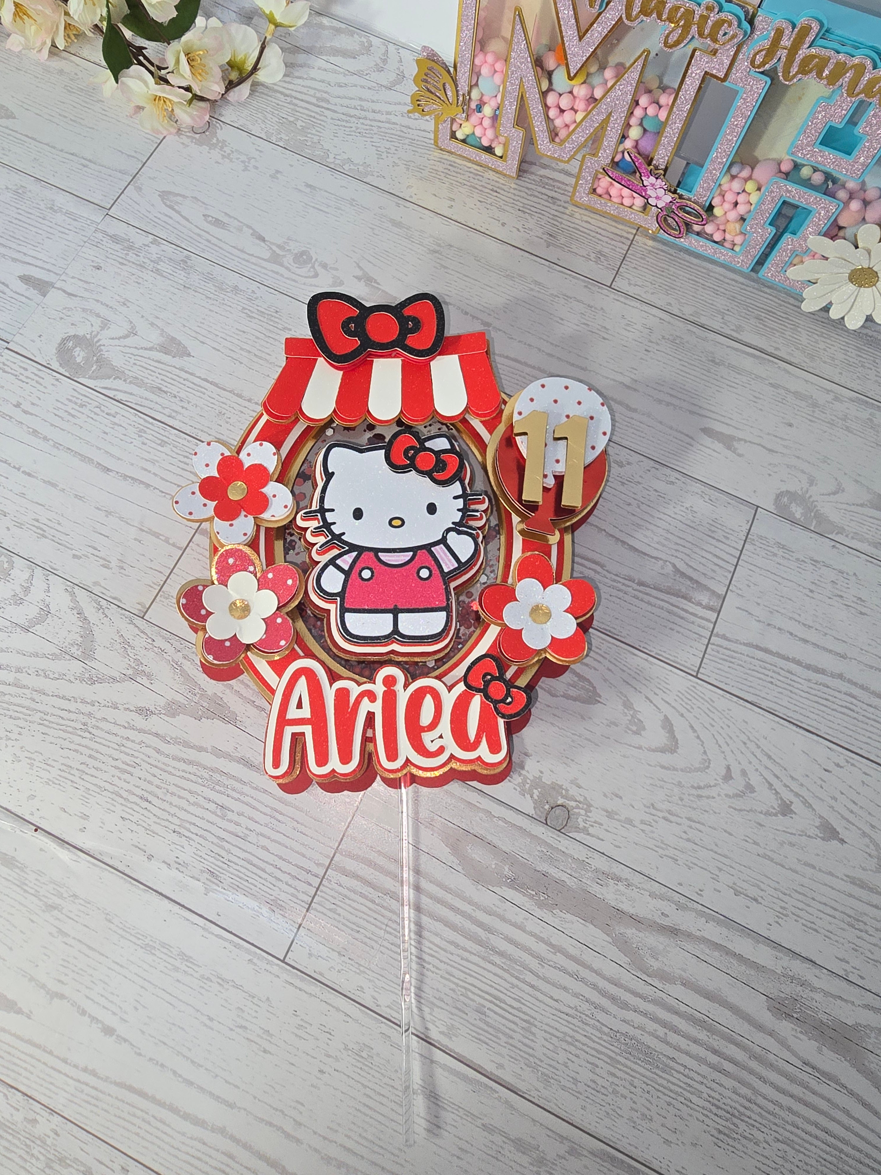Personalized 3D Hello Kitty Cake Topper – Glitter with Name & Age