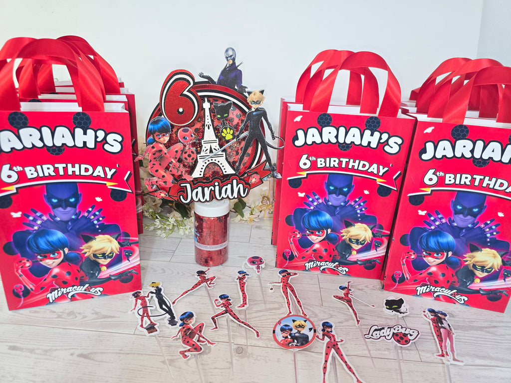 12 Pcs Personalized Ladybug Birthday Gift Bags – Name & Age | Ribbon Handles 8.5"x5.5"