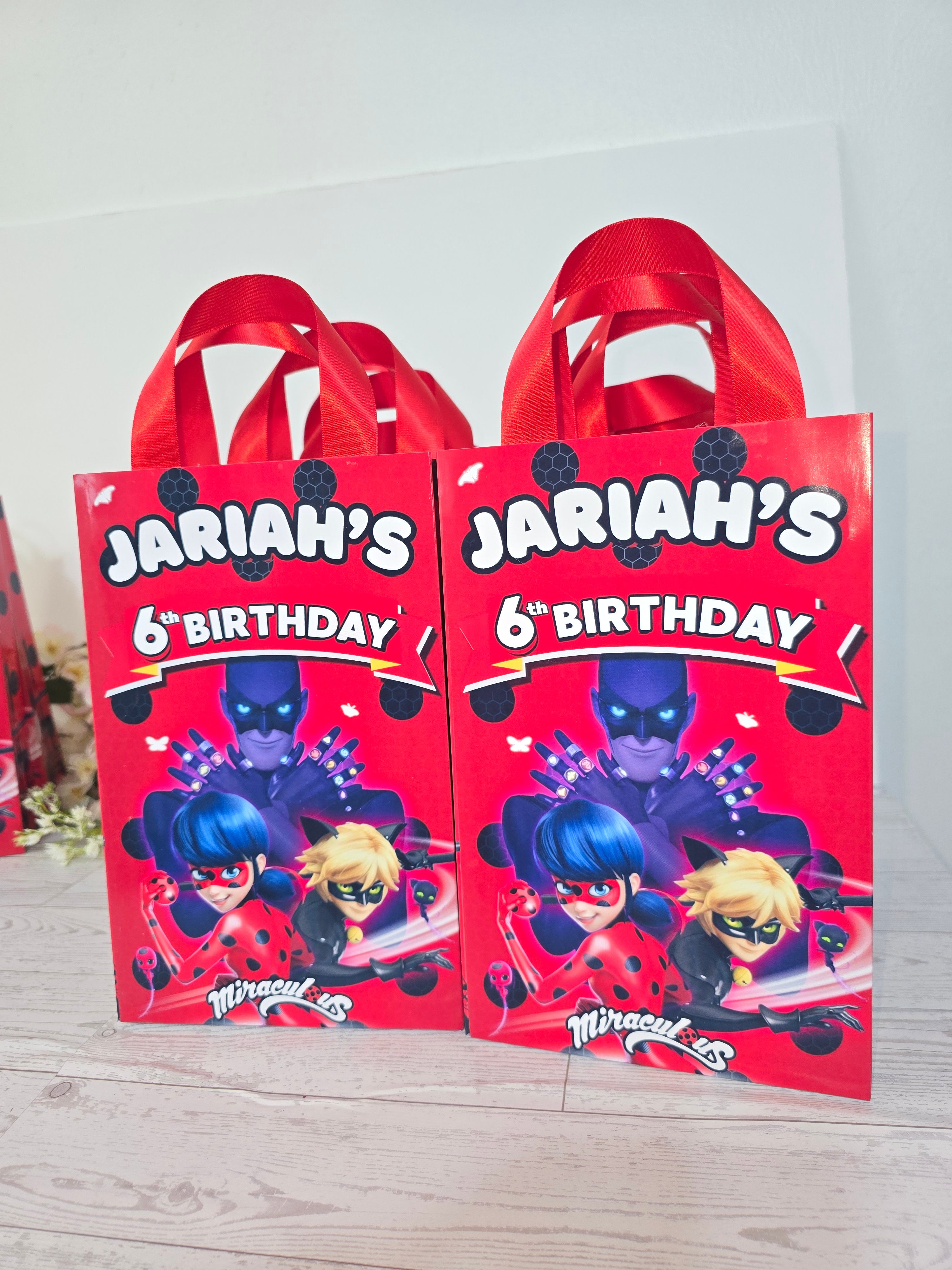 12 Pcs Personalized Ladybug Birthday Gift Bags – Name & Age | Ribbon Handles 8.5"x5.5"